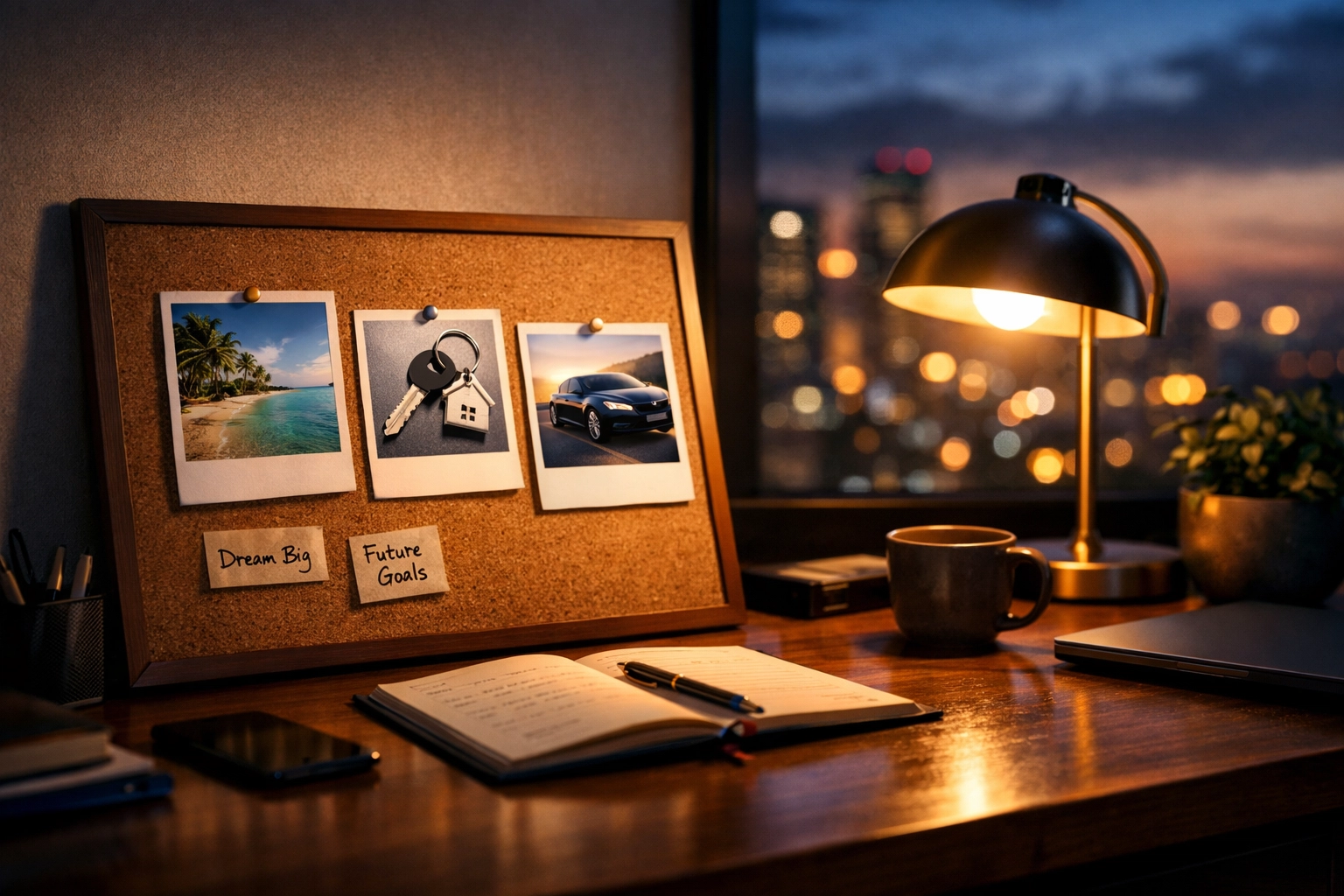 A vision board on a desk featuring photos of a beach, house keys, and a car for setting financial goals.