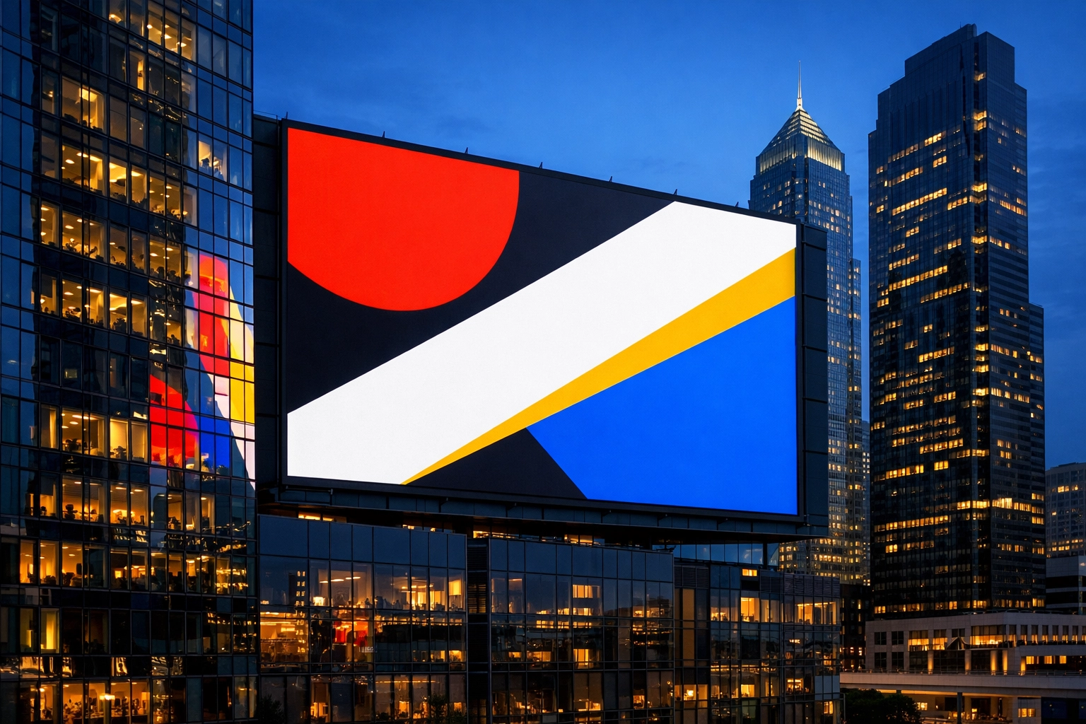 High-impact digital OOH billboard in an urban skyline for Super Bowl 2026 marketing.