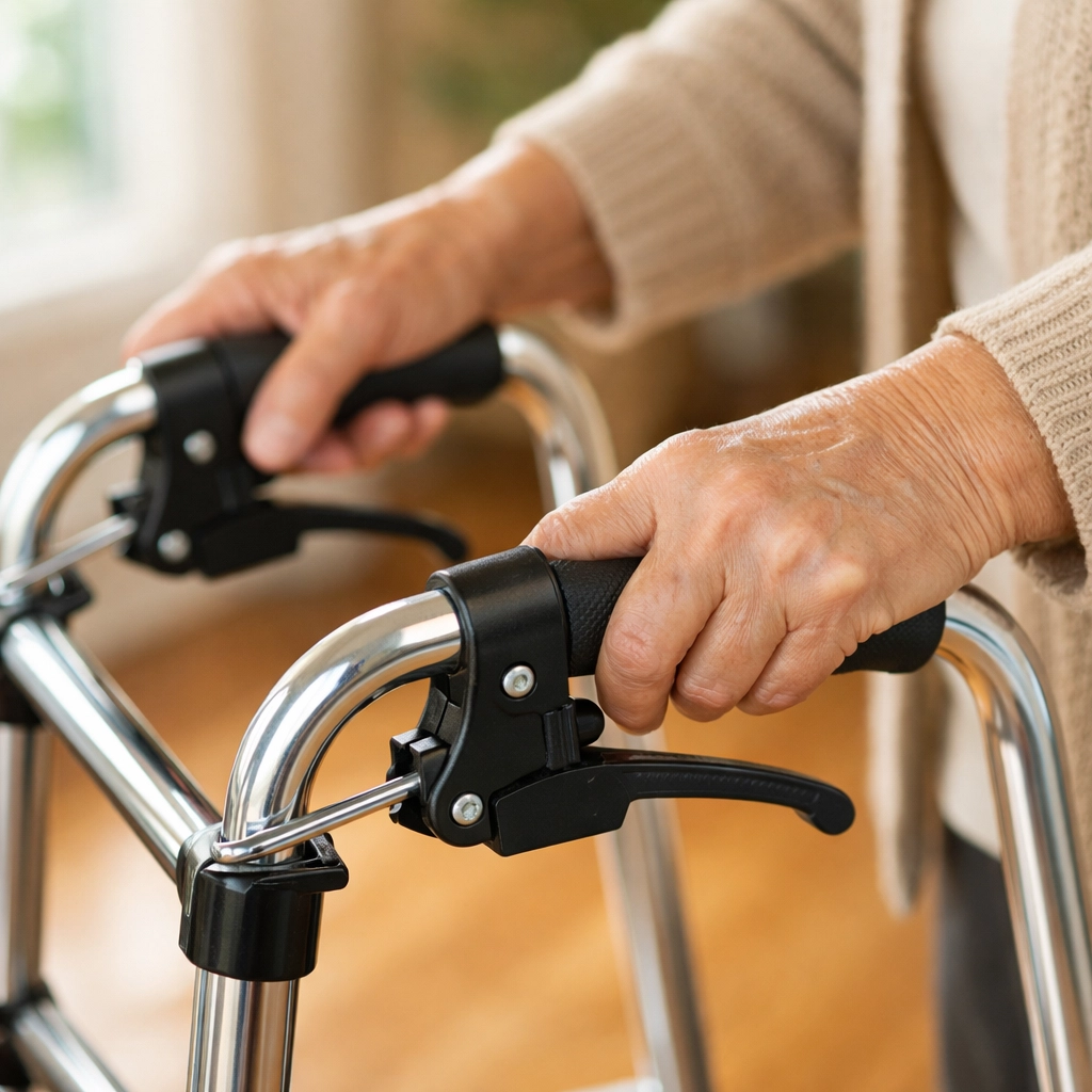 Hands locking walker brakes before sitting to prevent falls