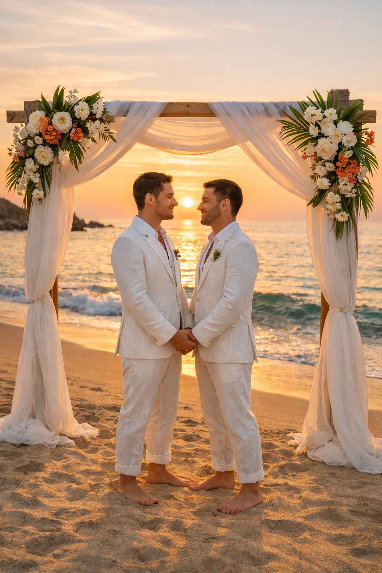 Two grooms exchanging vows at gay beach wedding ceremony in Puerto Vallarta