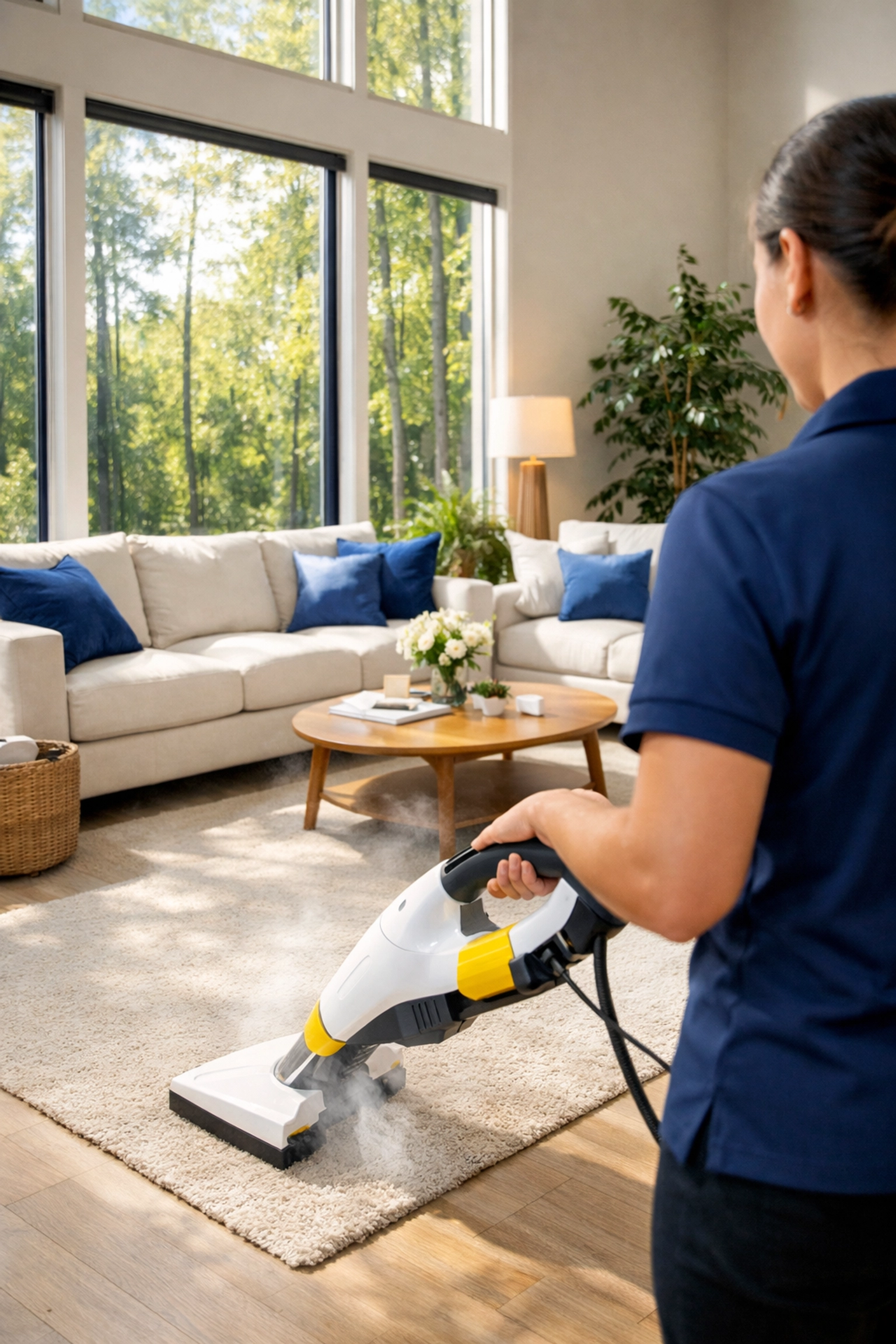 Professional cleaning a modern living room using eco-friendly residential cleaning Massachusetts methods.