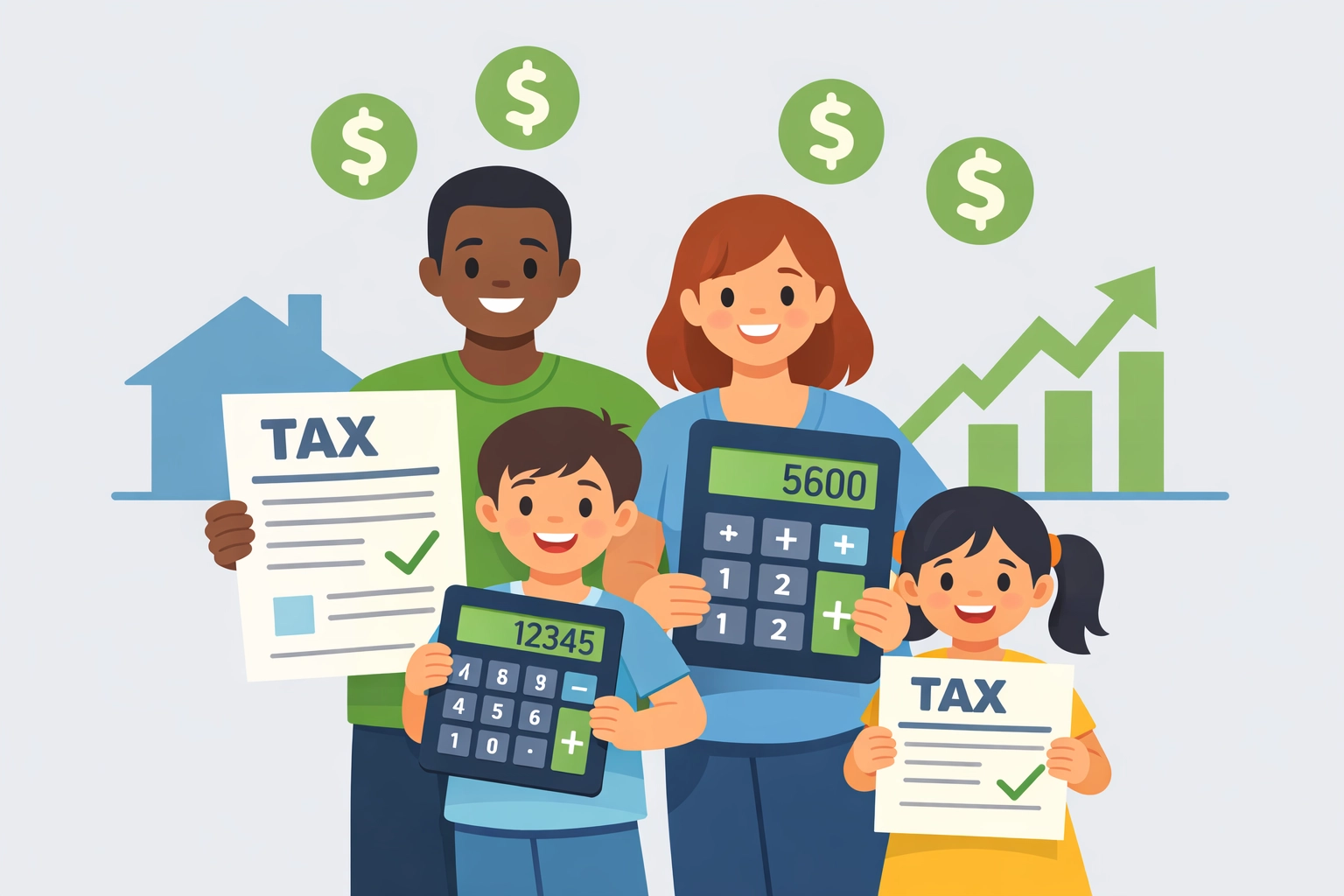 Family reviewing 2026 tax forms and calculating standard deduction savings