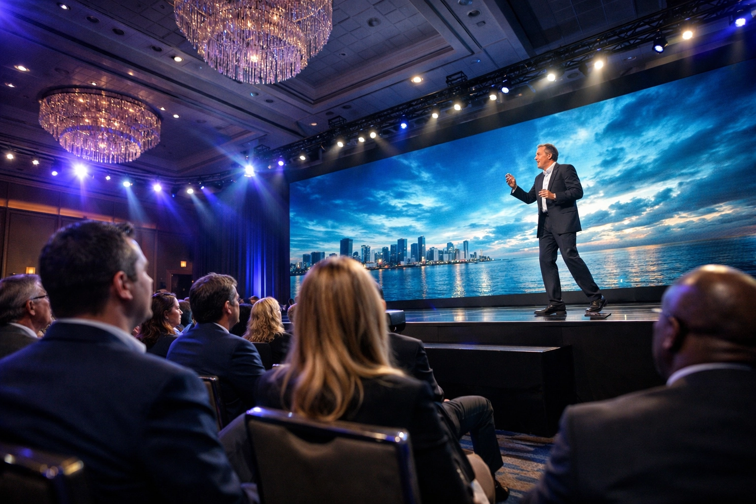 Dynamic corporate event photography in Miami featuring a speaker and engaged audience at a luxury conference.