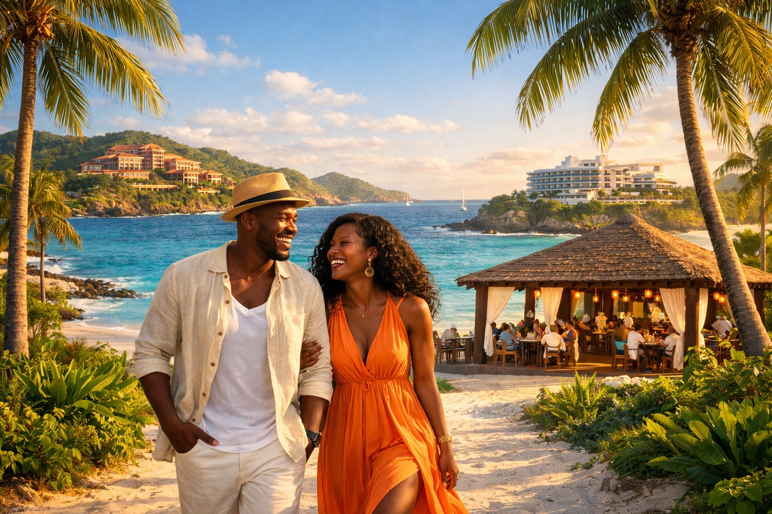 Friends at a Caribbean resort discovering Lifestyle Resorts booking secrets.