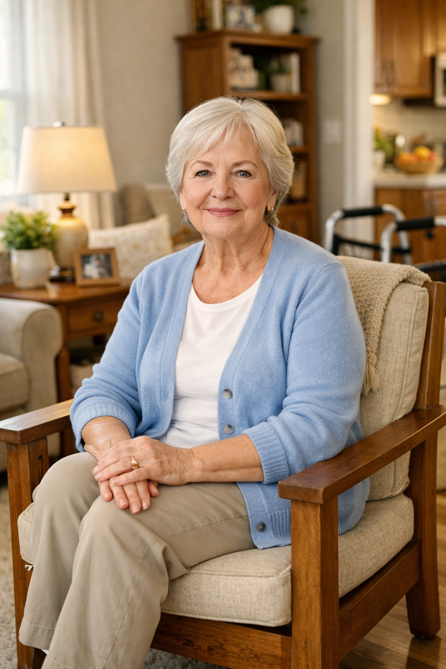 Confident senior woman sitting in a sturdy chair within a safe and fall-proofed living room.