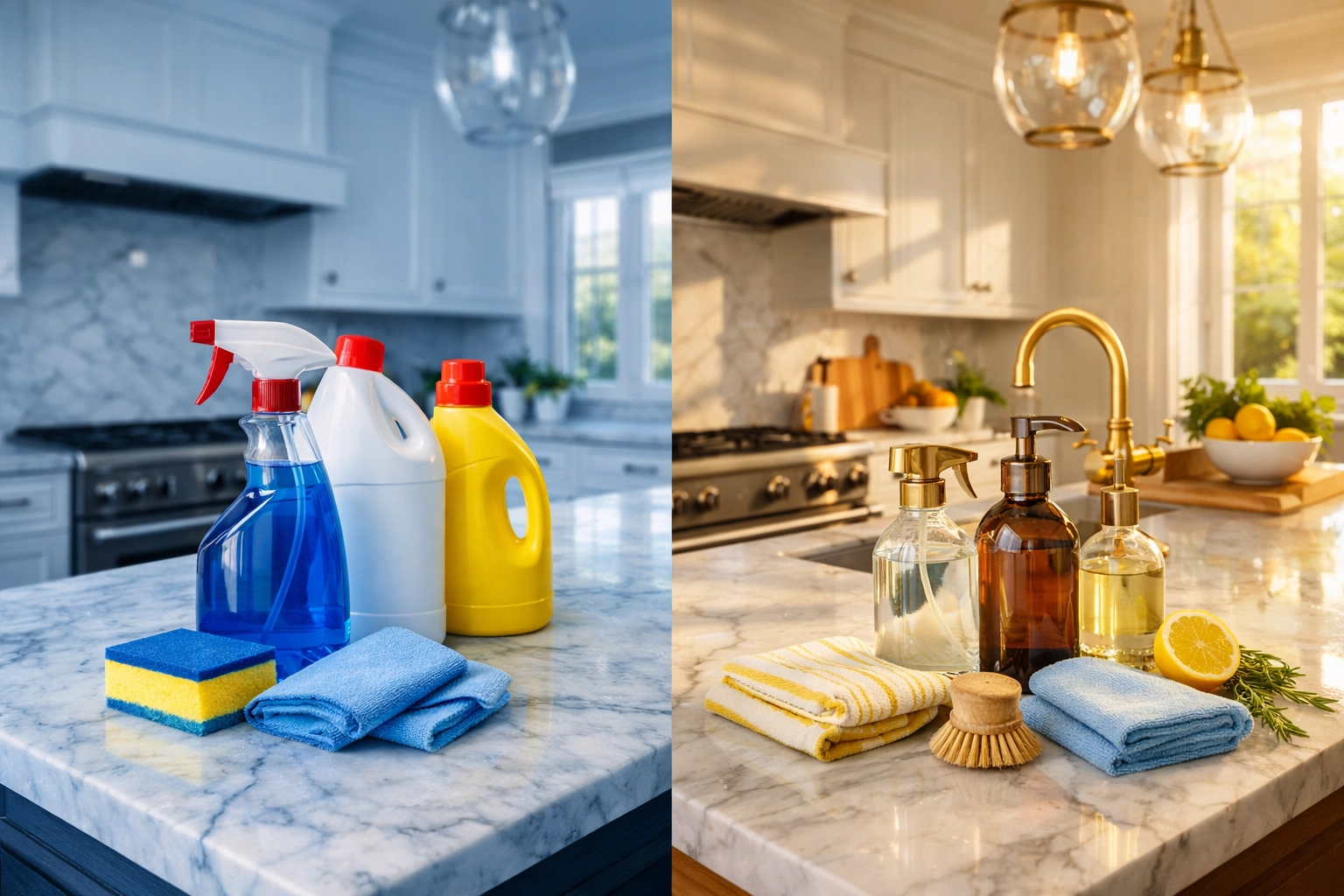 Eco-friendly luxury house cleaning Newton MA products on a sunlit marble kitchen island.