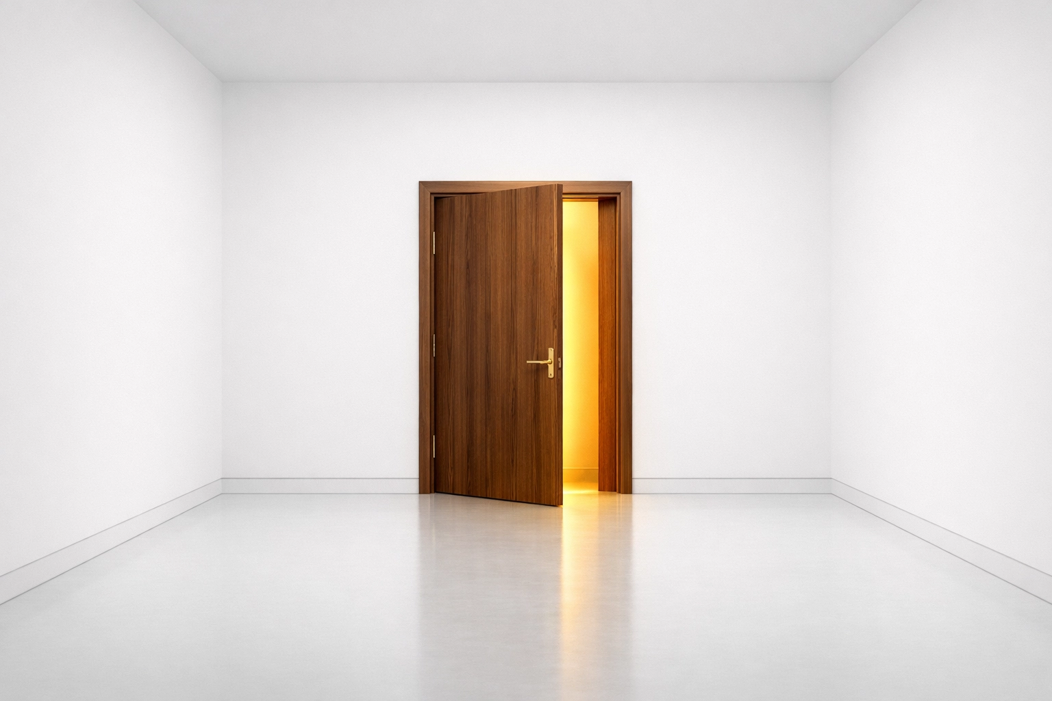 An open wooden door with a warm glow in a clean hallway, representing simple website navigation and clear user paths.