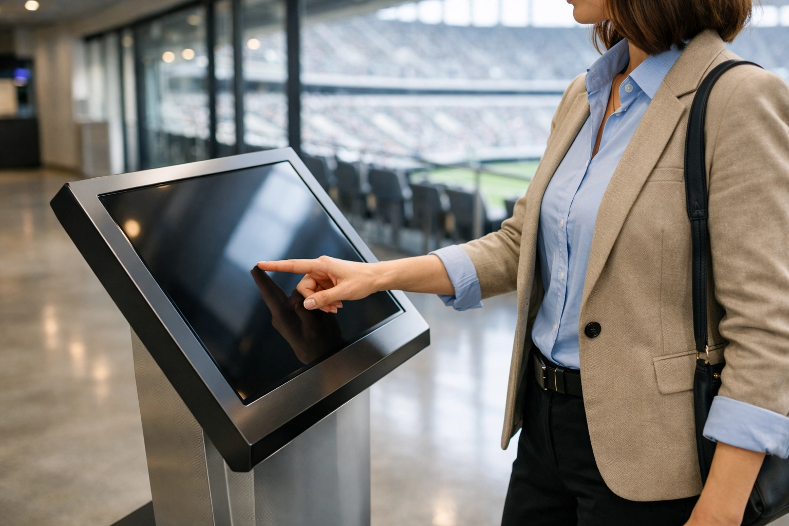 Interactive digital kiosk in a sports stadium concourse showing advanced venue media engagement.