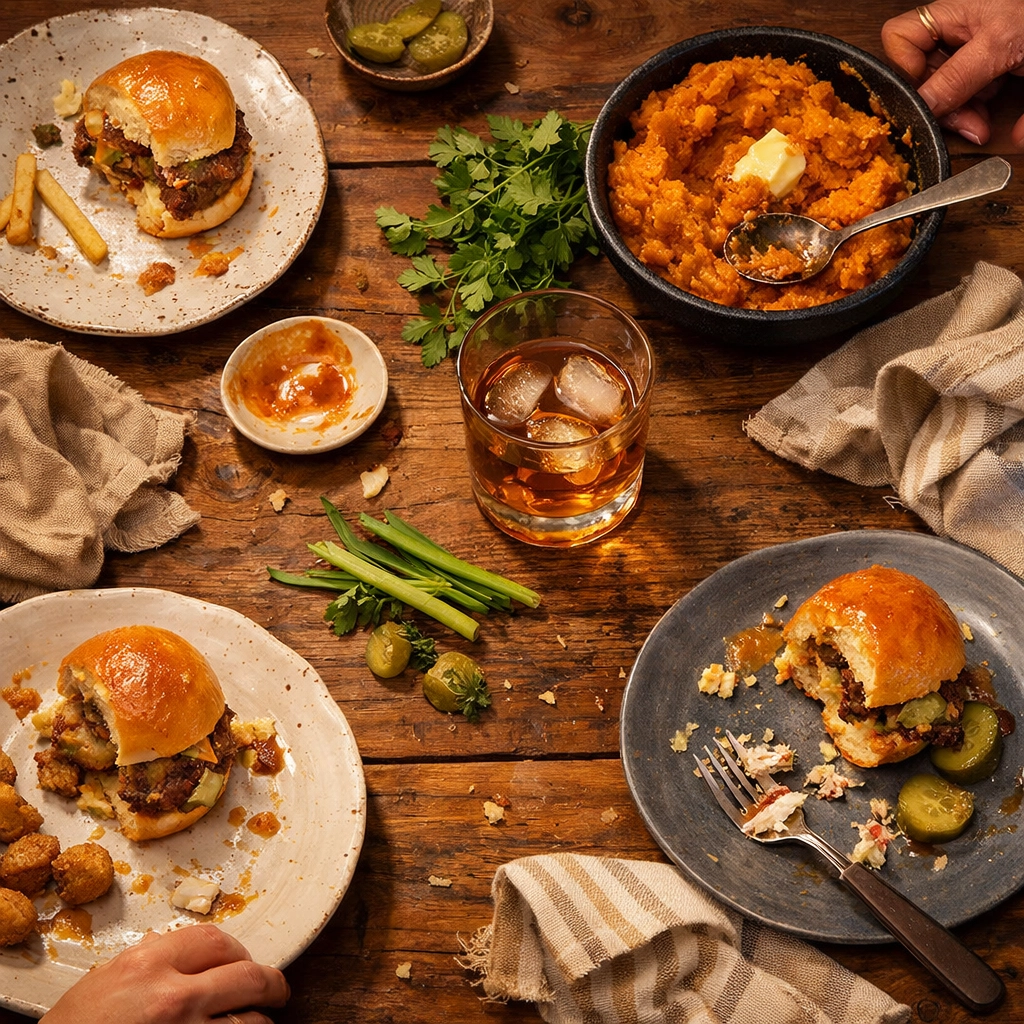 A finished Southern feast with sliders and bourbon after a successful personal chef service.
