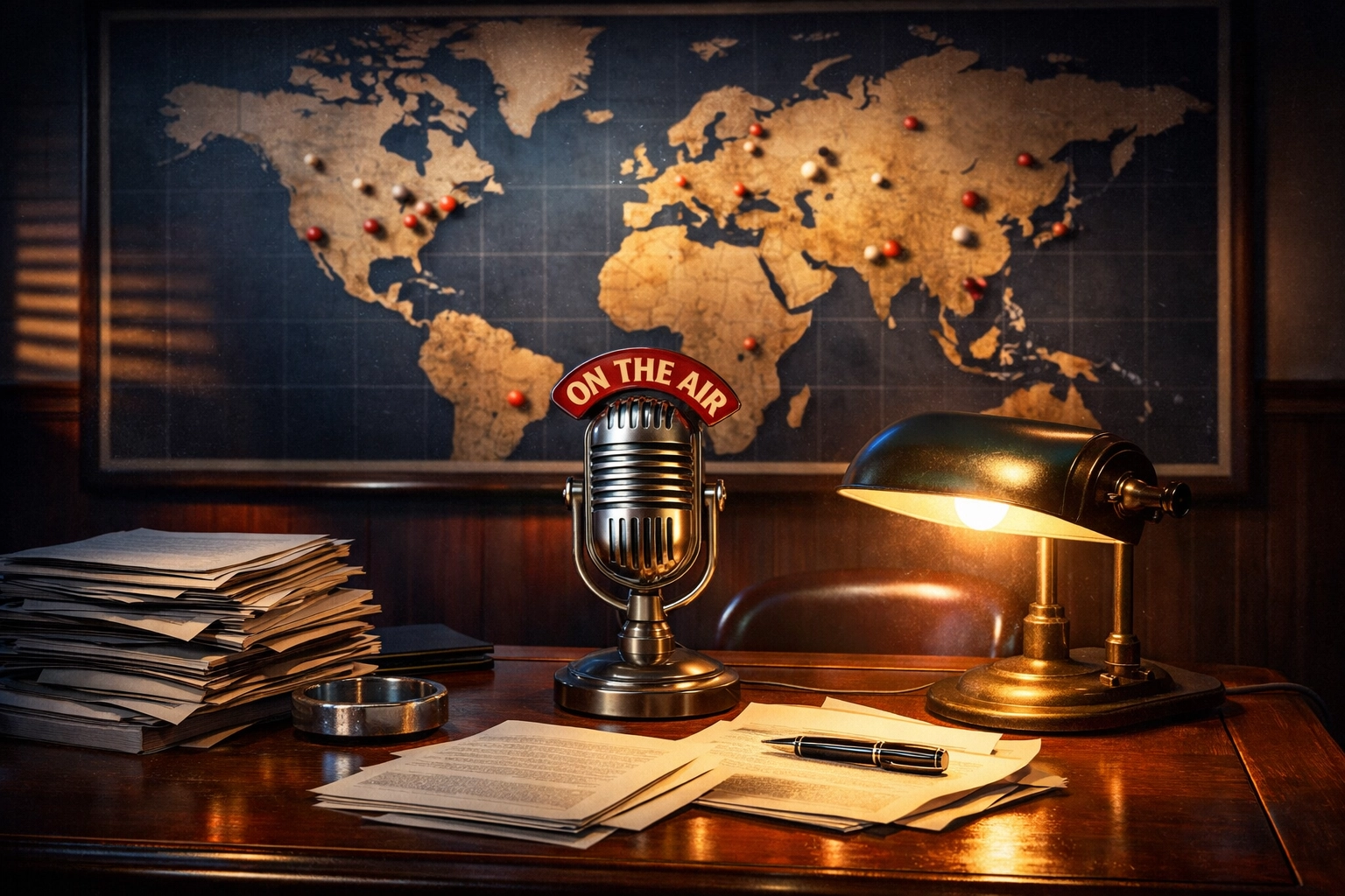 Vintage newsroom desk with microphone and world map representing Christ-centered news reporting