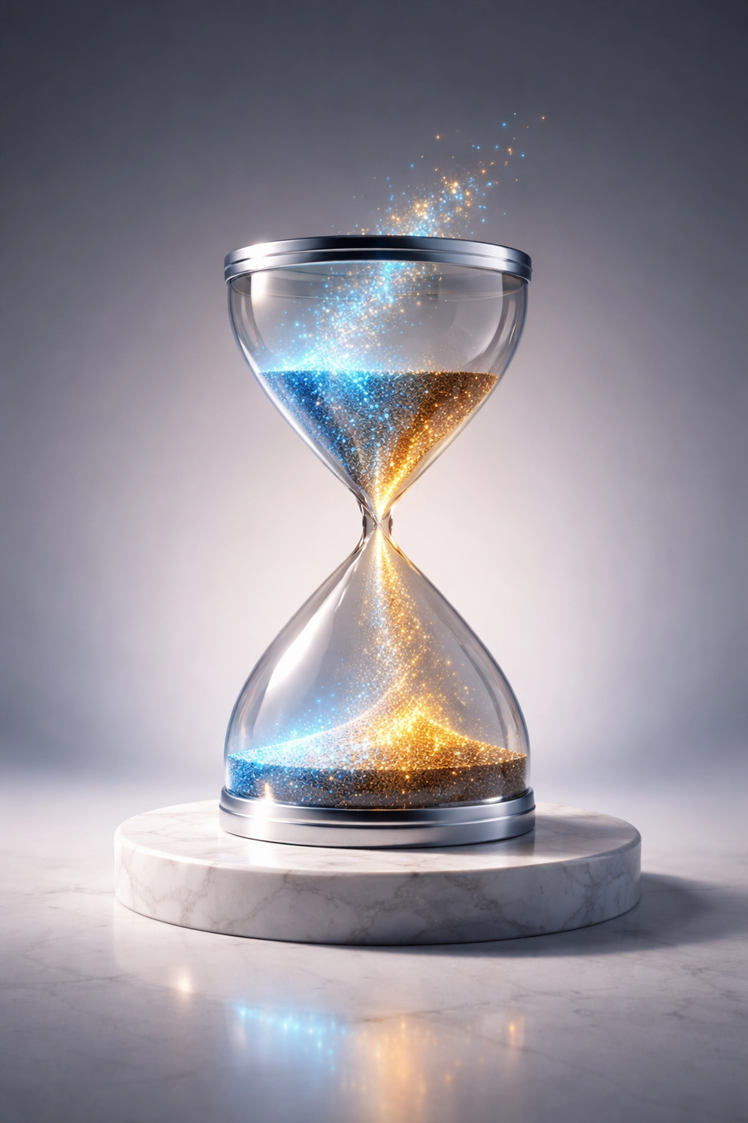Modern hourglass with glowing particles visualizing enhanced liquidity strategies in private equity investing
