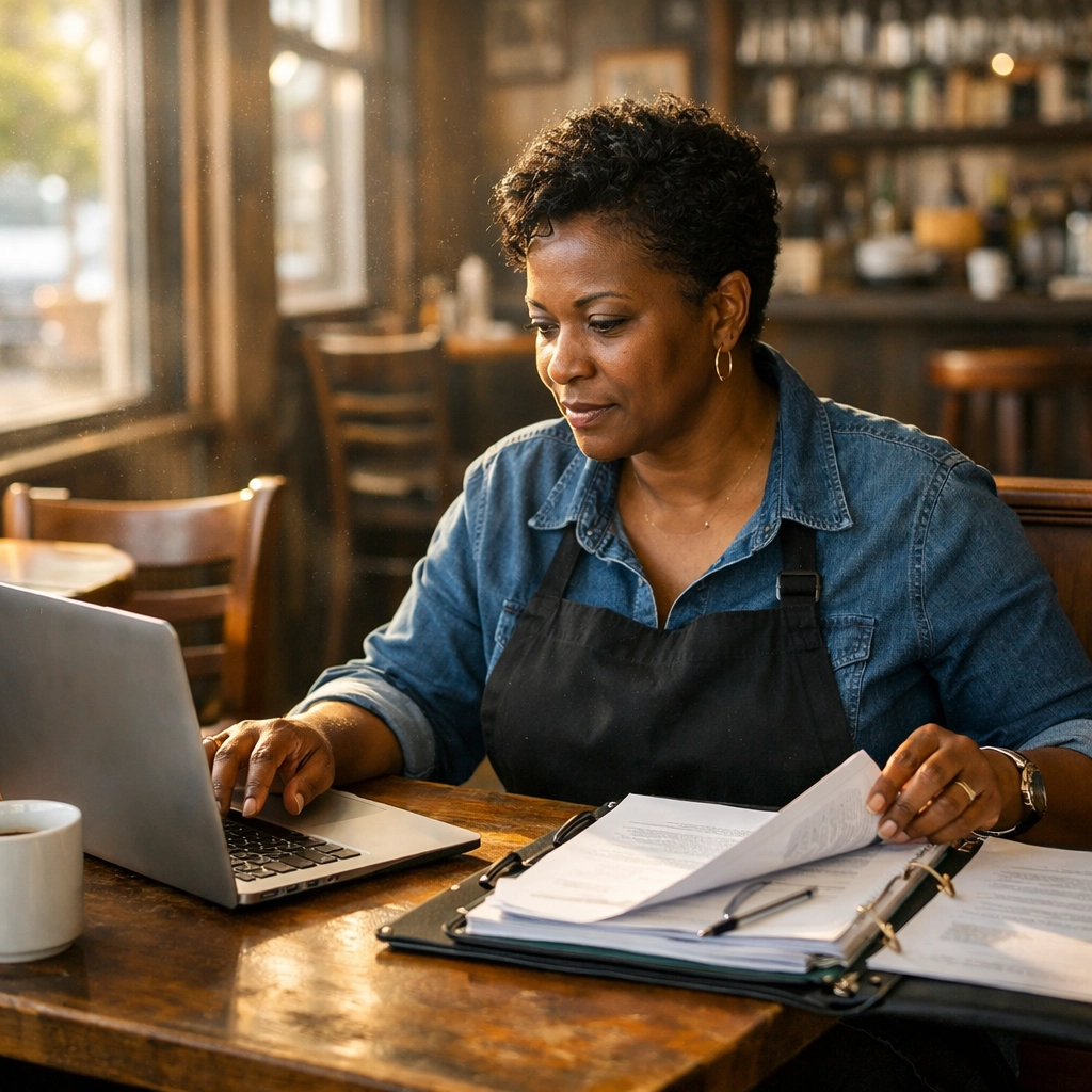 SF restaurant owner reviewing HCSO compliance and labor cost documents in a sunlit bistro.