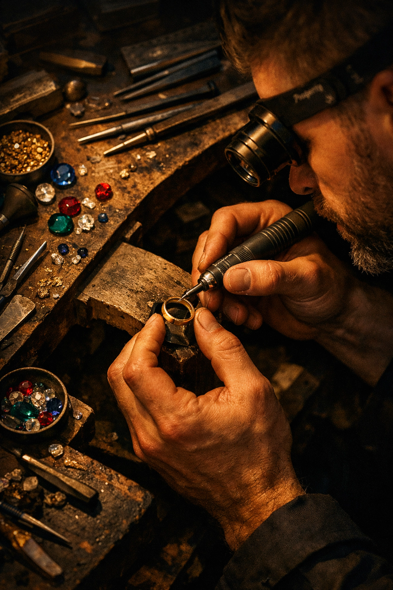 Gay jeweler crafting custom gold ring with gemstones at workbench