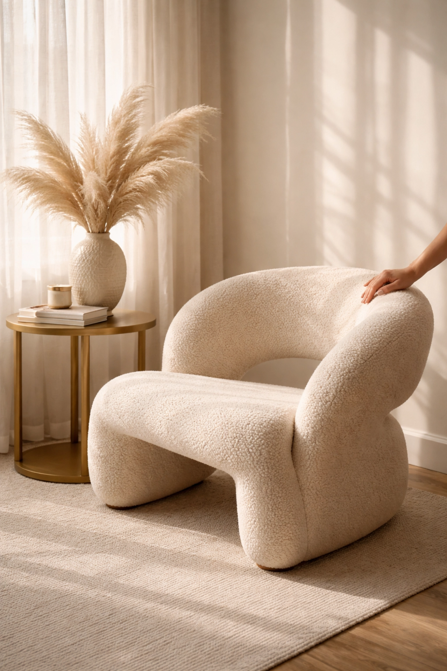 Styled living space with modern cream accent chair, brass side table, and soft lighting, demonstrating designer furniture comfort and elegance