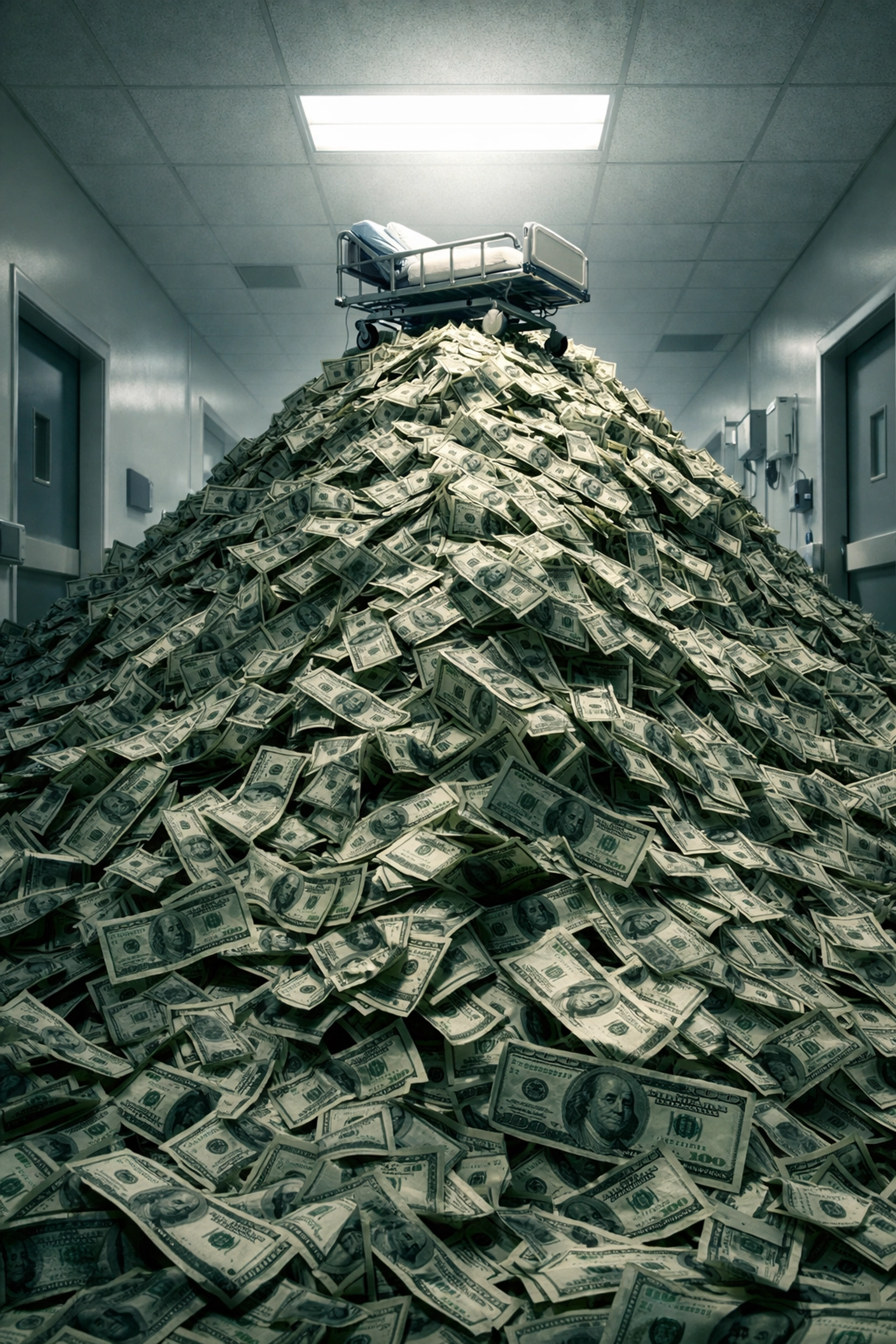 A hospital bed sitting on a mountain of dollar bills, illustrating the soaring costs of the medical industry.