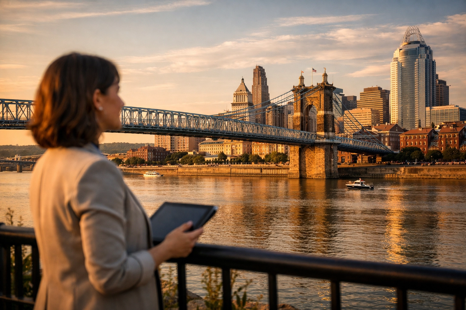 Insurance agent overlooking Ohio River between Covington and Cincinnati representing local expertise