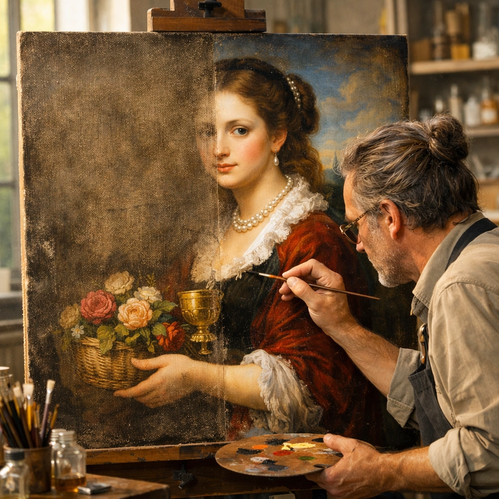 Artisan restoring a faded painting to vibrant life, symbolizing content refreshing for small business authority.