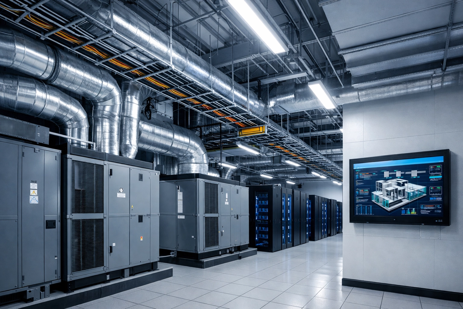 Data center infrastructure showing HVAC units, power distribution, and non-IT equipment requiring protection