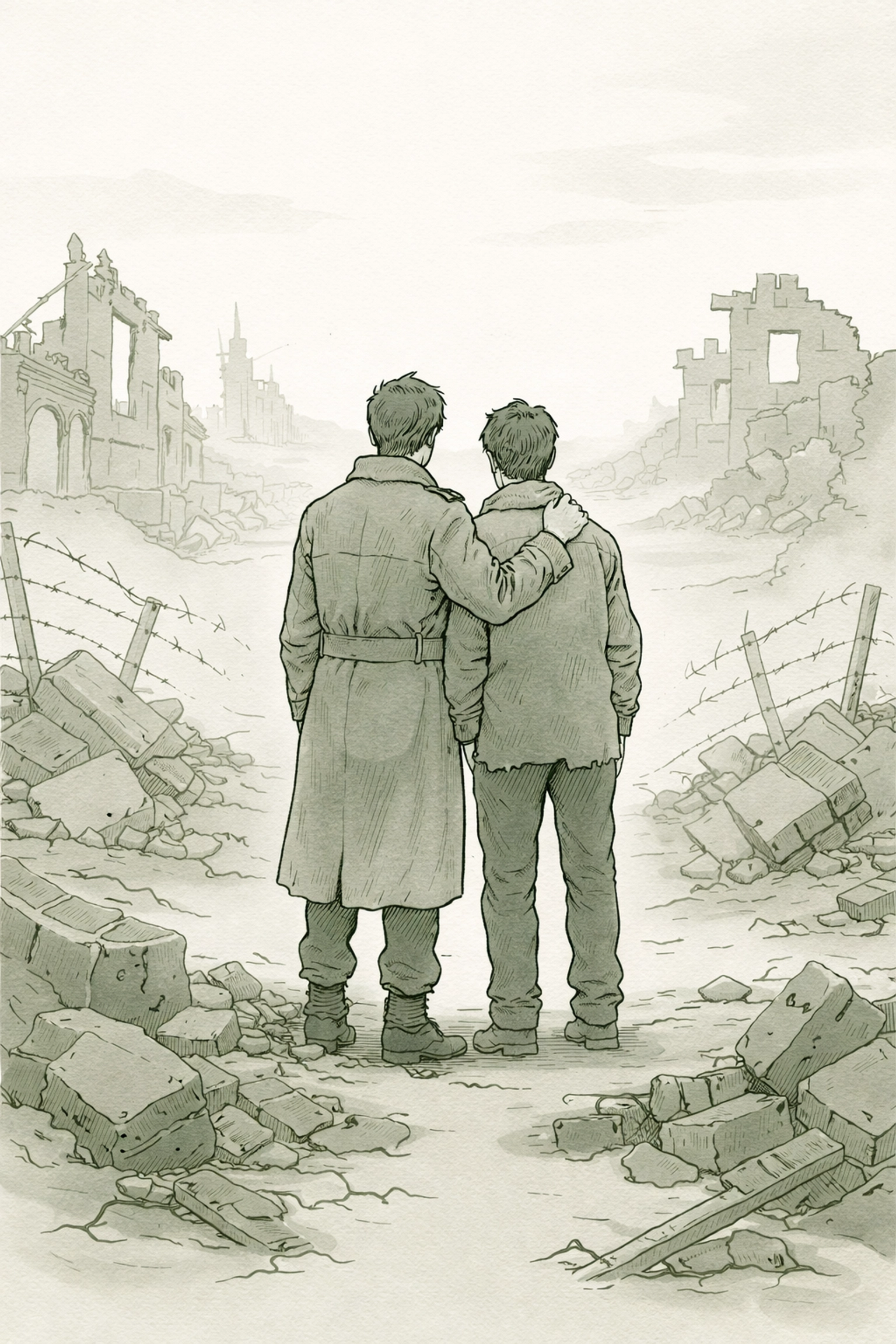 Two men stand close together amid post-war Berlin ruins, symbolizing hope and resilience after World War II.
