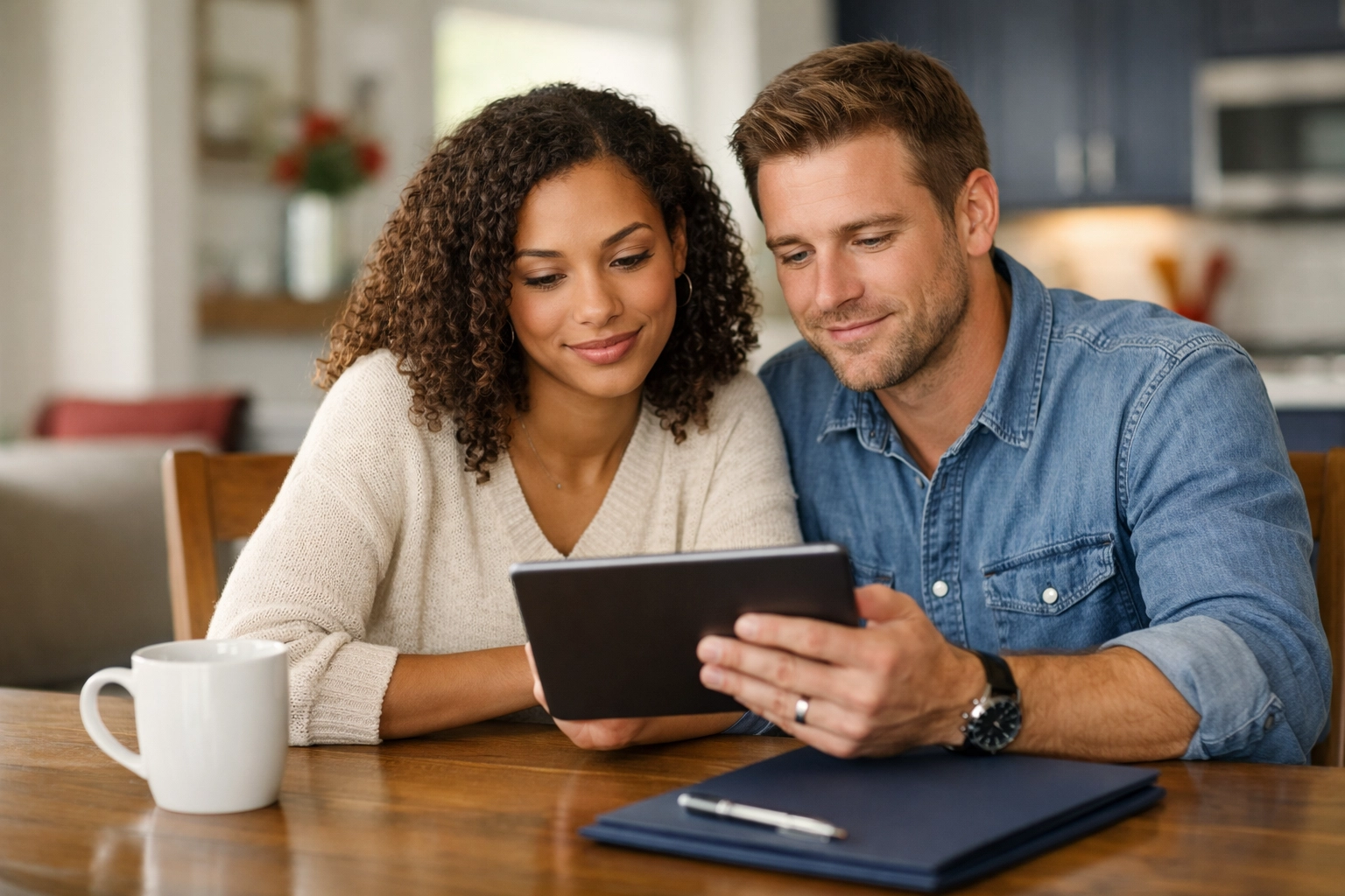 Texas couple researching debt validation and credit repair strategies on a tablet.