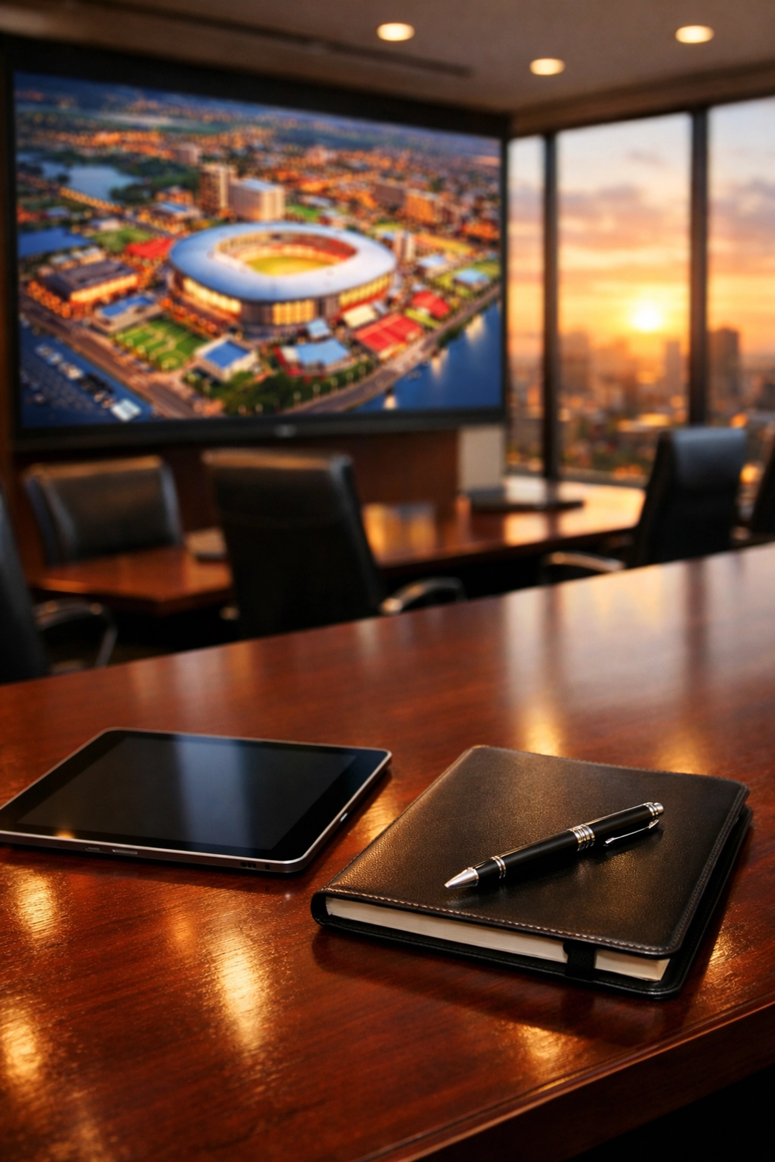 Corporate executive boardroom showing a strategic stadium map for Super Bowl event planning.