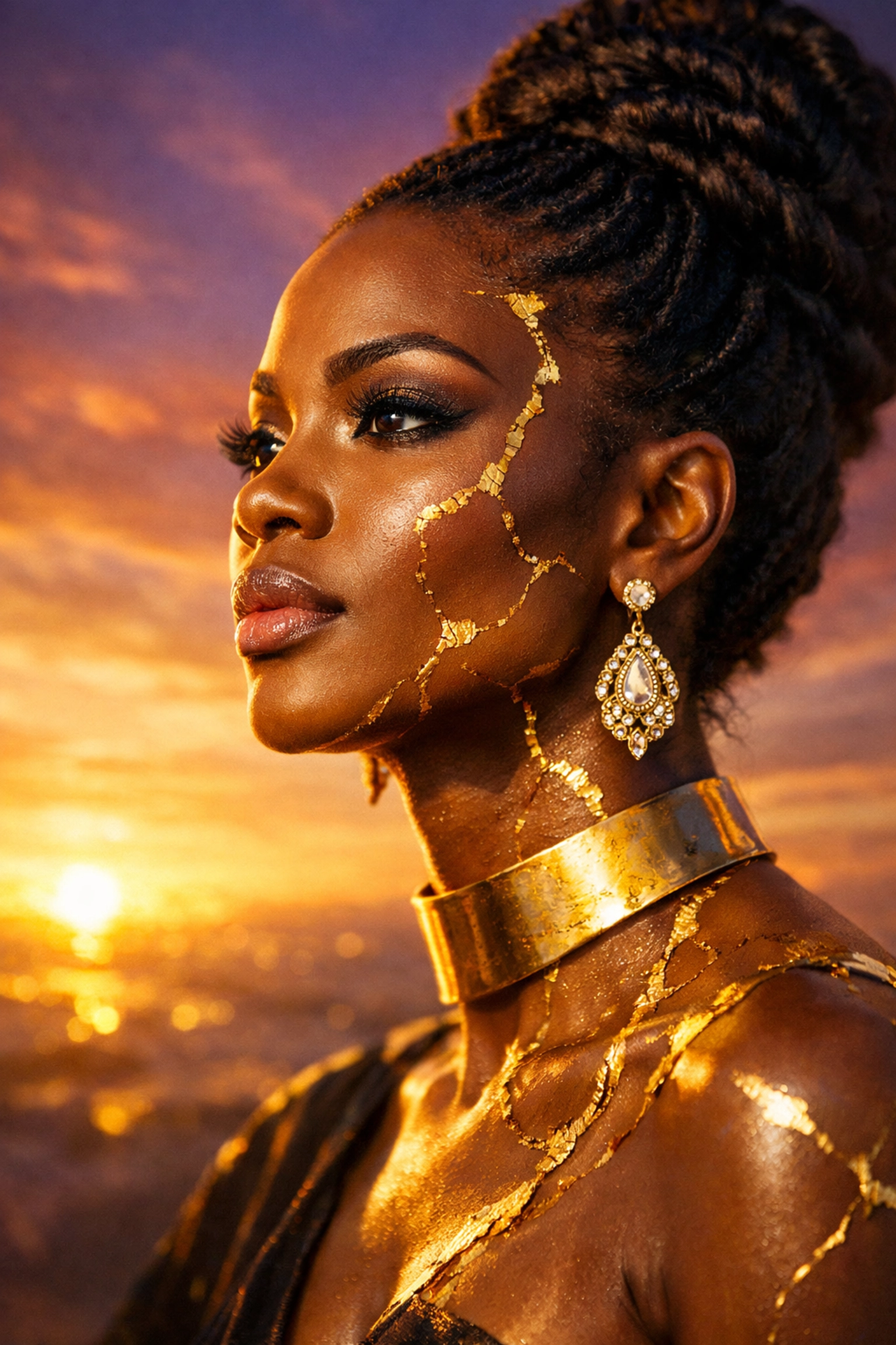 Resilient Black woman with gold-mended skin looking toward the sun, representing turning pain into purpose.