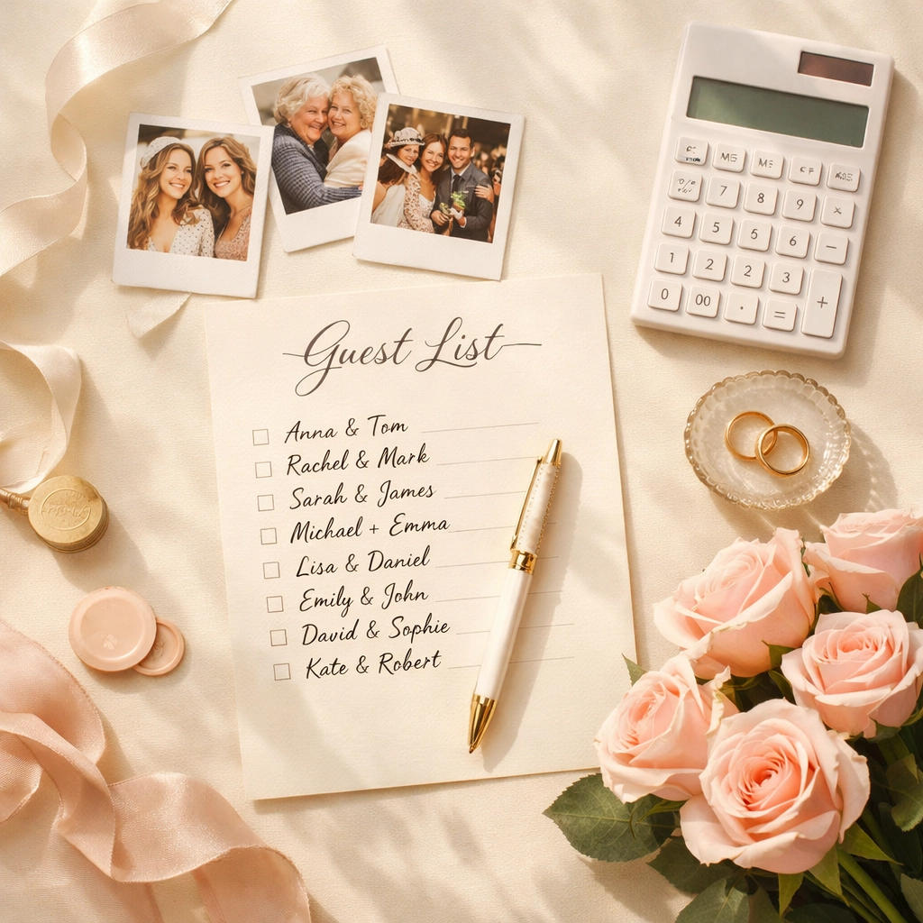 Wedding guest list with calculator and photos for budget-conscious planning