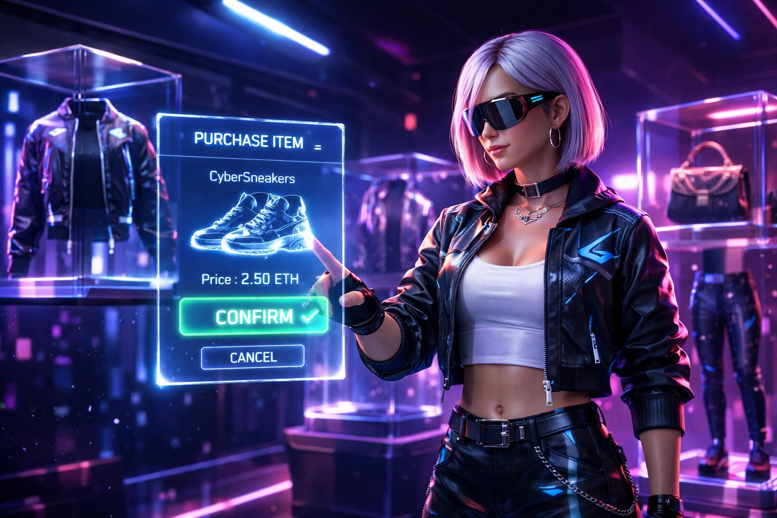 Digital avatar shopping in a futuristic AI-powered virtual boutique within the Larecoin metaverse ecosystem.