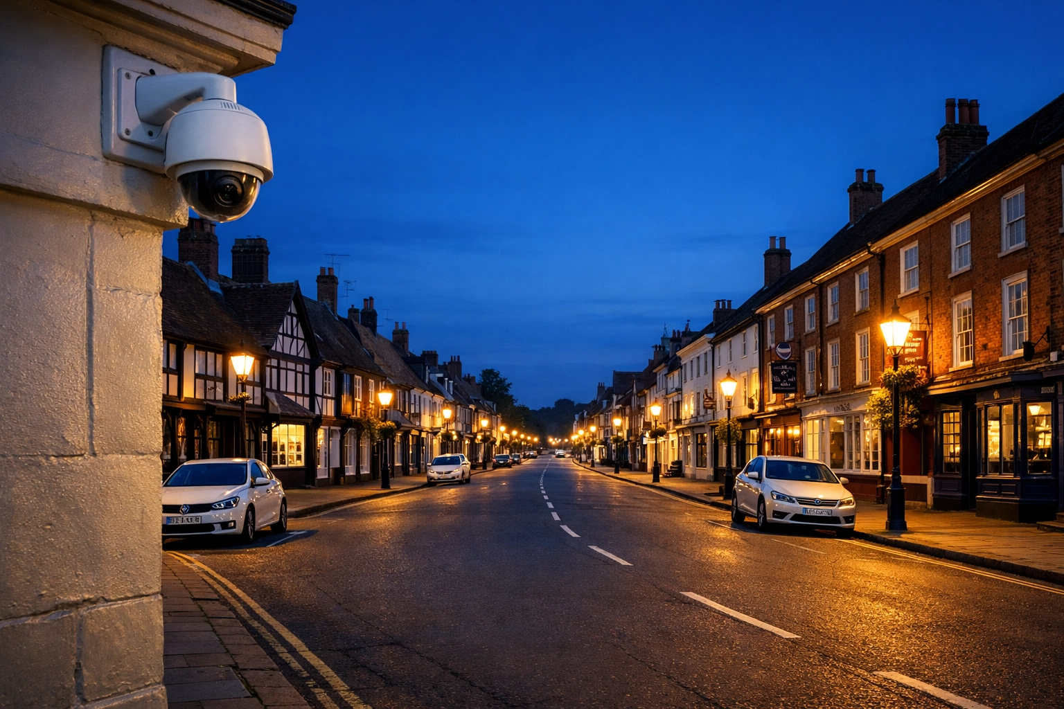 Discreet CCTV camera installation on a historic building along Odiham High Street to ensure community safety.