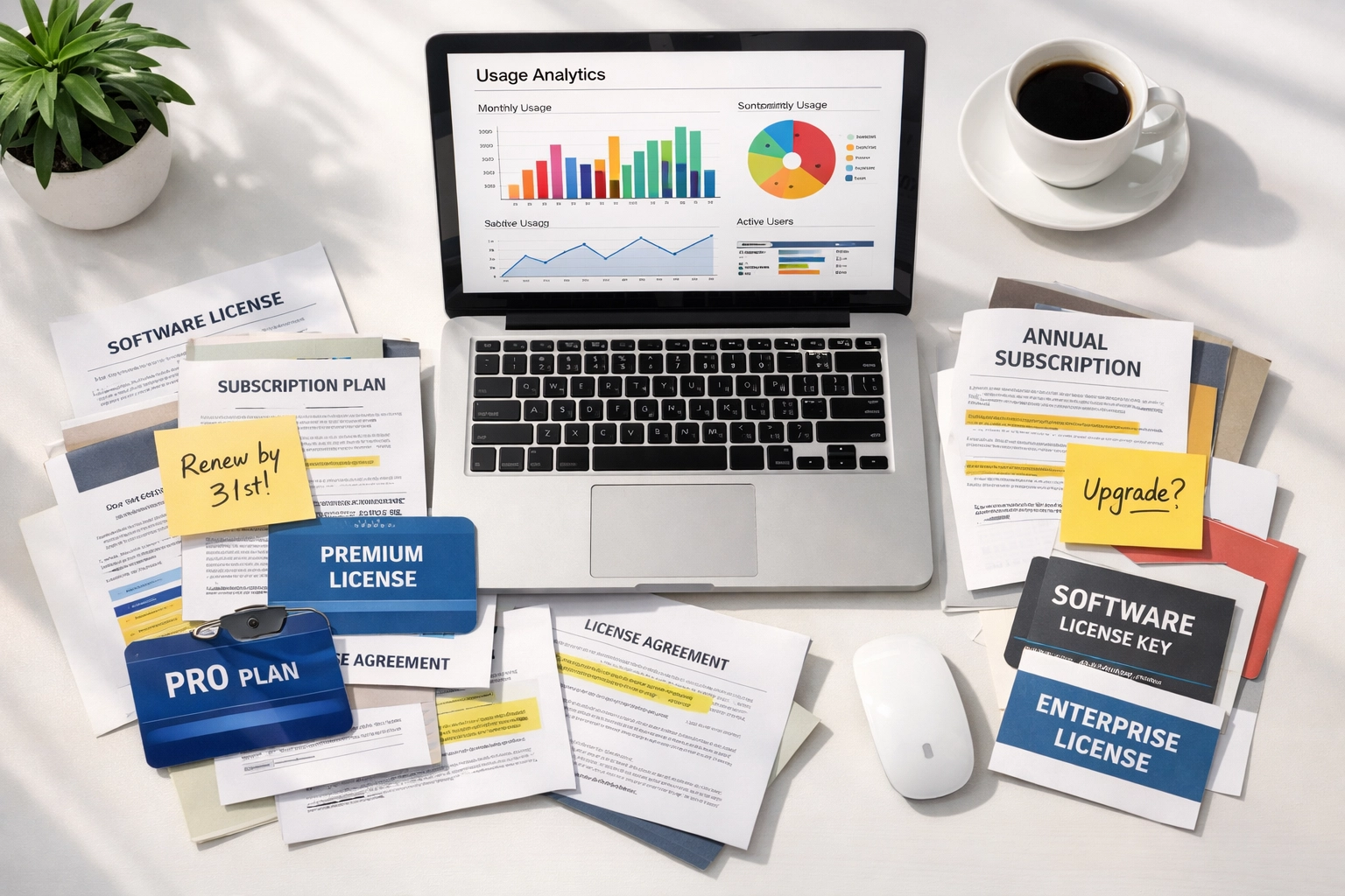 ServiceNow license analysis workspace with overlapping subscription documents and reports