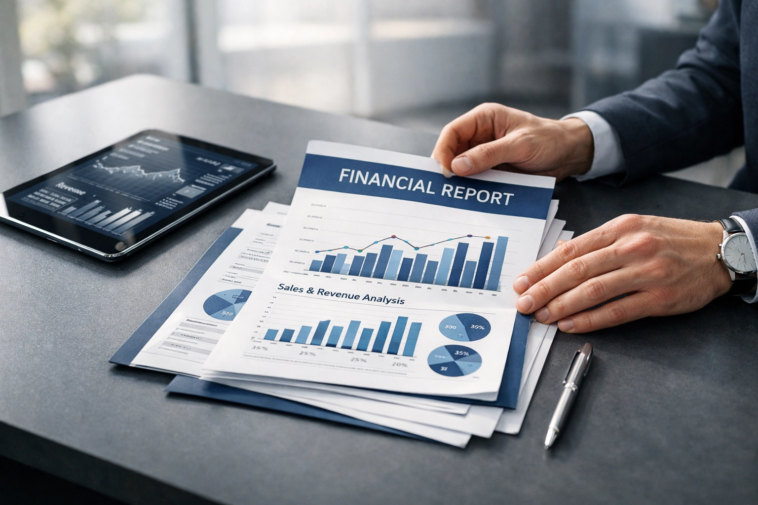 Hands organizing a monthly close checklist and financial reports to ensure year-round audit readiness.