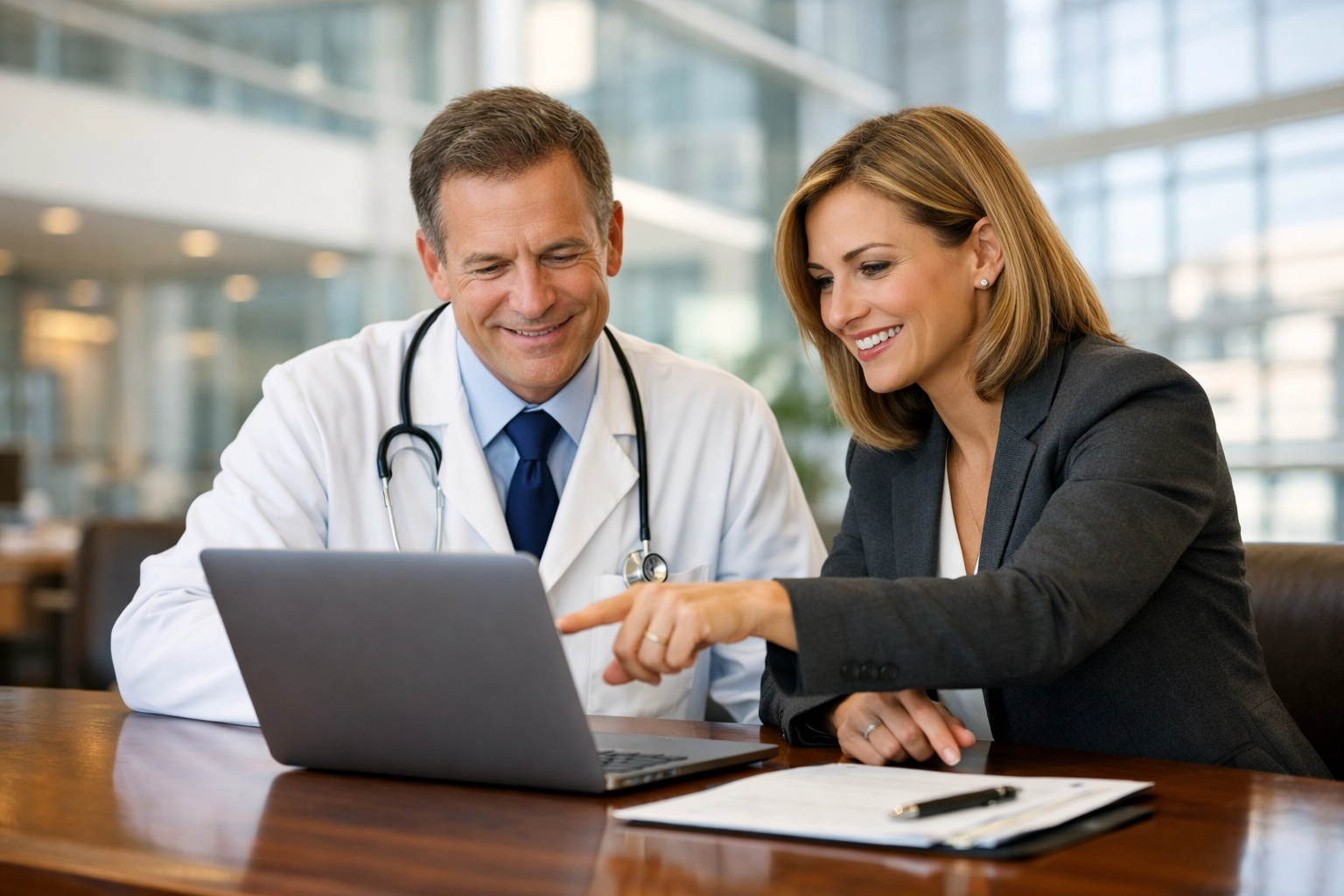 Doctor and financial consultant analyzing healthcare billing KPIs on a laptop for improved revenue oversight.