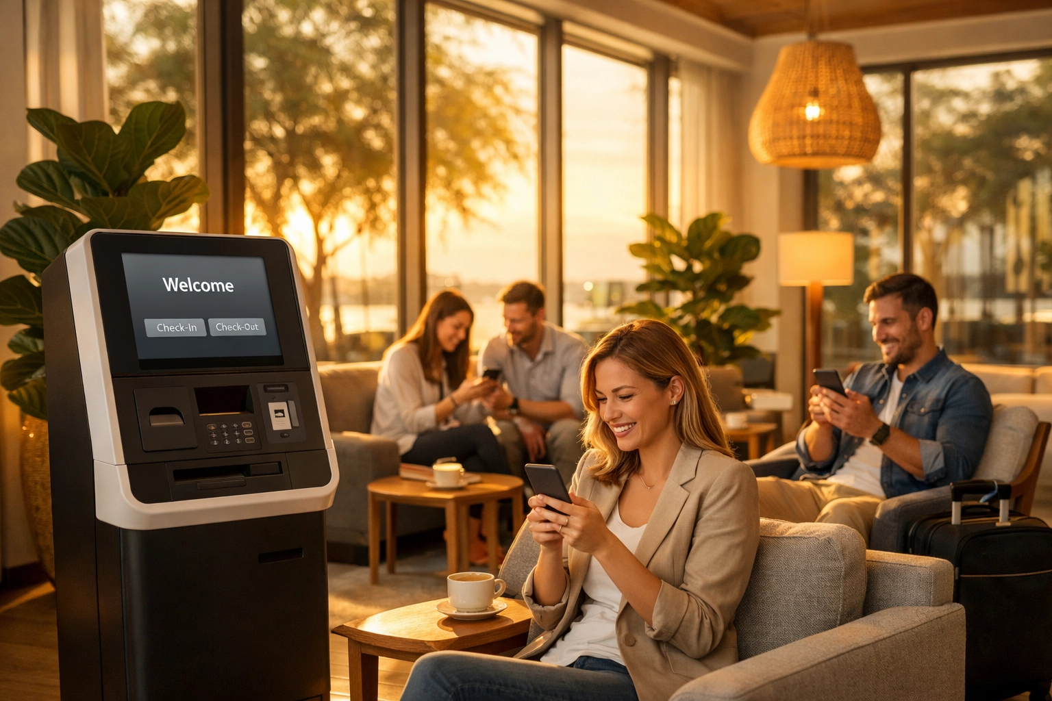 Modern hotel lobby with self-check-in kiosk and guests using mobile check-in technology