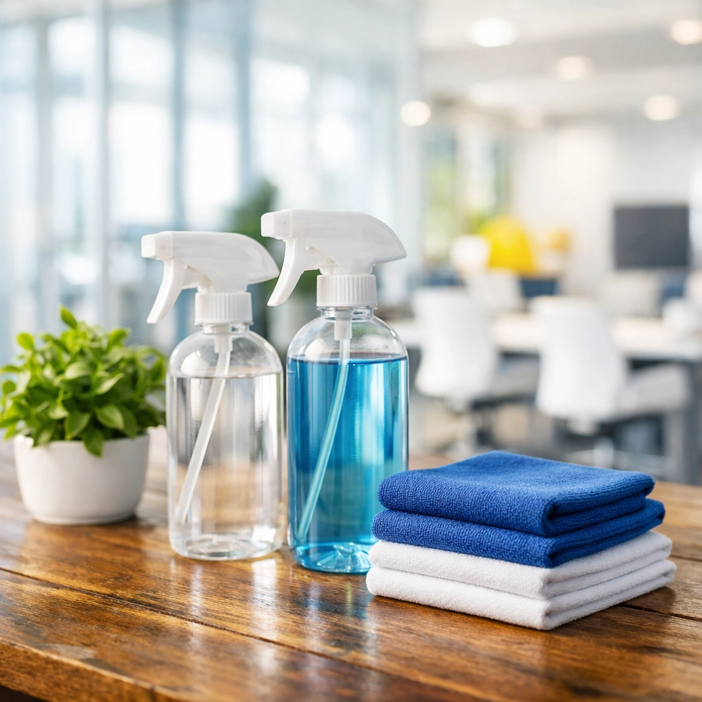 Eco-friendly office cleaning Cambridge supplies and microfiber cloths in a modern Kendall Square startup workspace.
