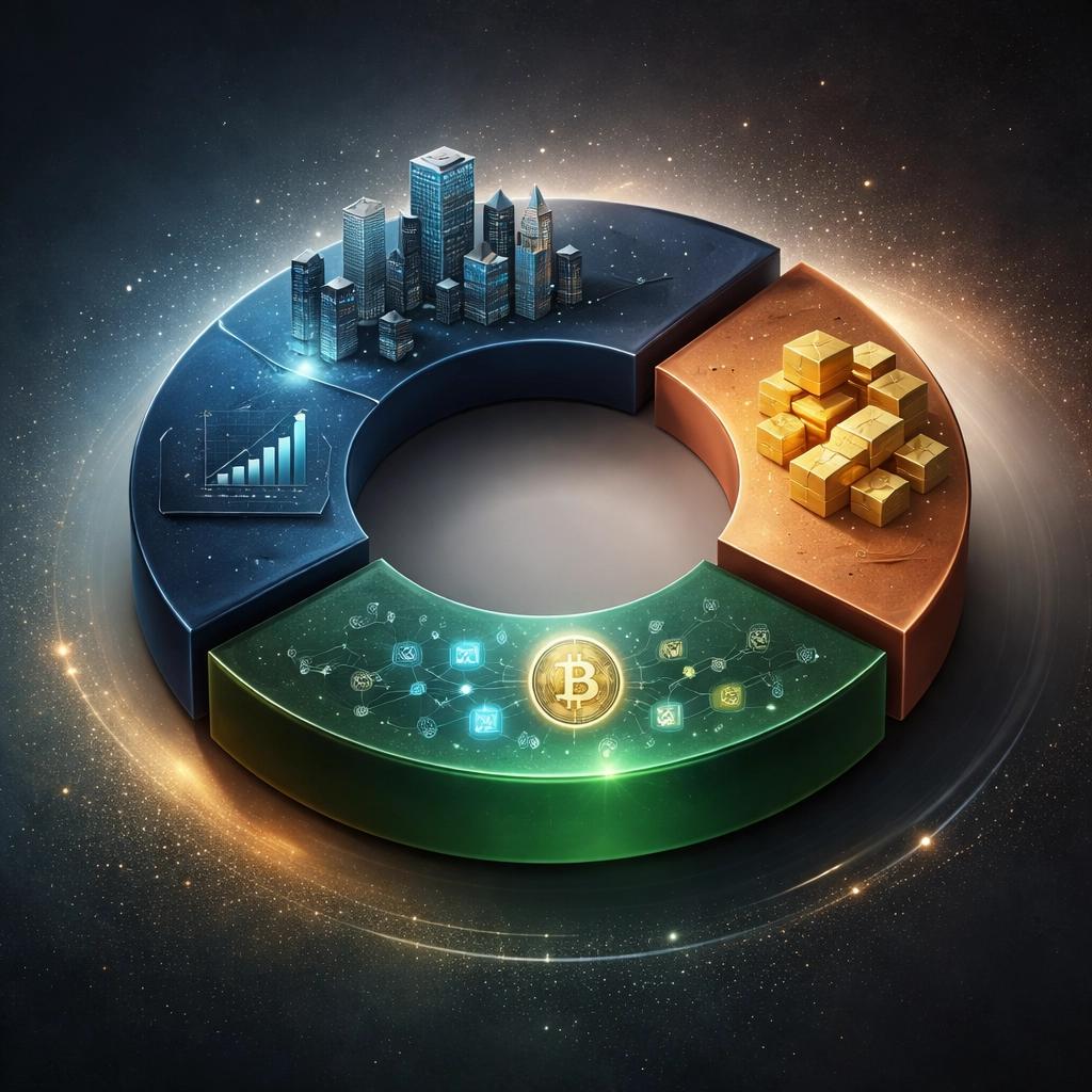 Illustration of diversified investment portfolio with traditional, real, and digital asset segments for true diversification