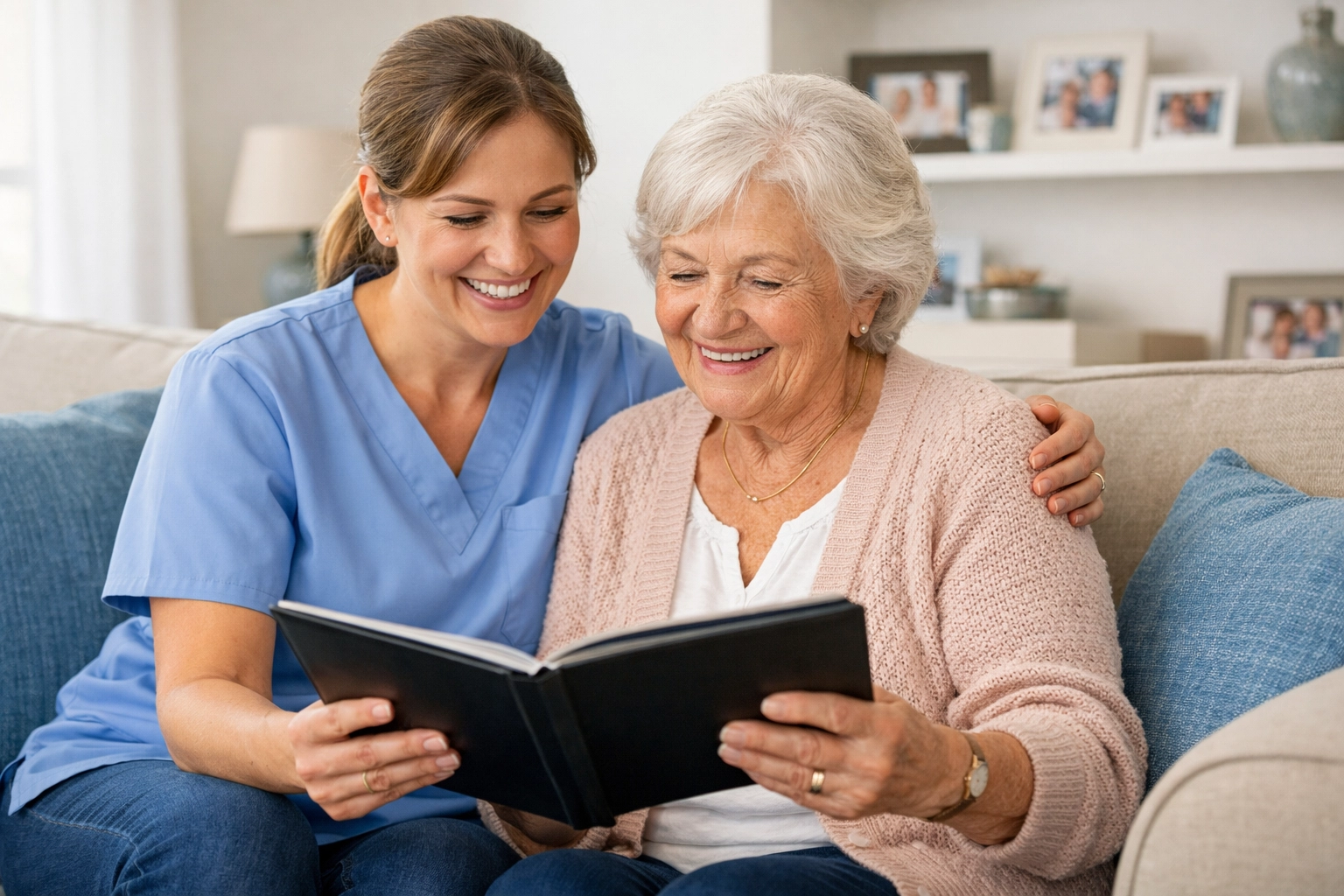 Professional caregiver providing companionship to senior woman at home