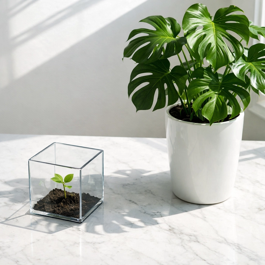 A small plant trapped in glass beside a flourishing one, representing custom WordPress growth versus template limits.
