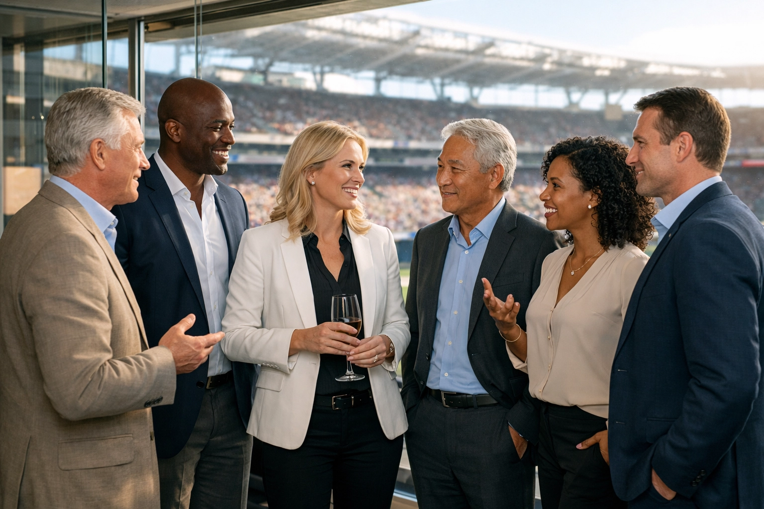 Executives networking in a luxury stadium suite to enhance brand authority and visibility.