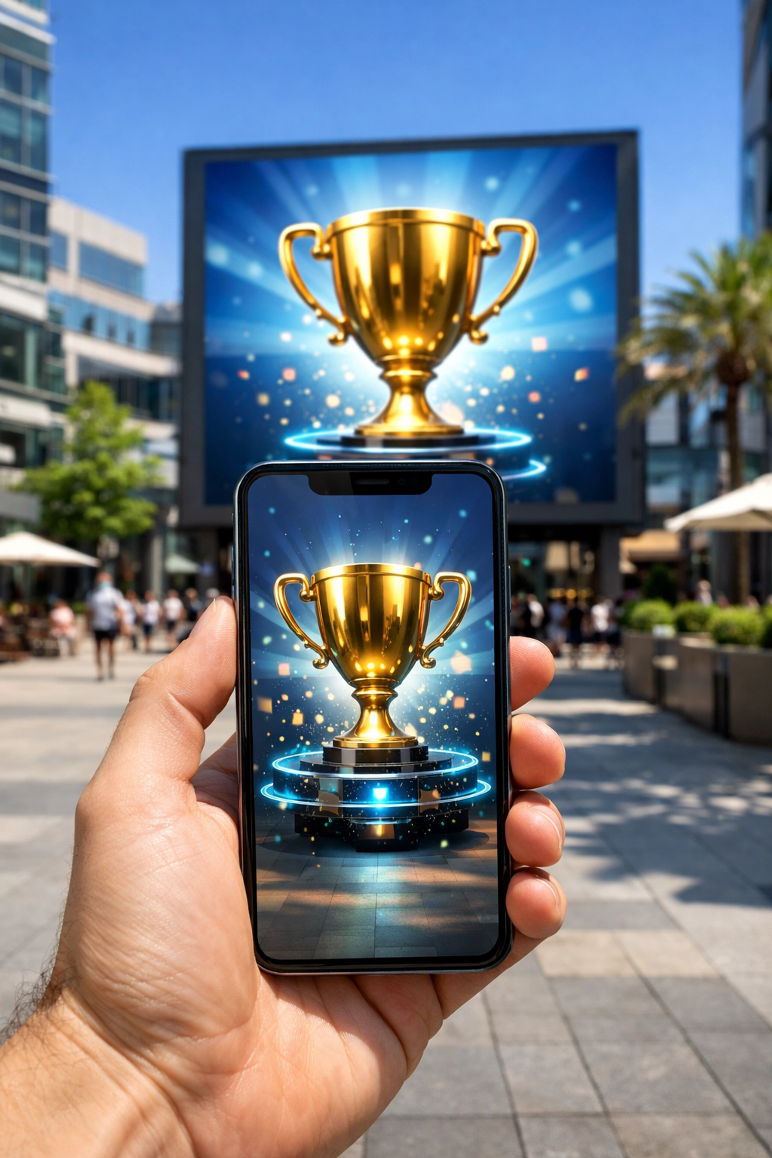 Fan using a smartphone to experience interactive augmented reality at a digital OOH advertising display.