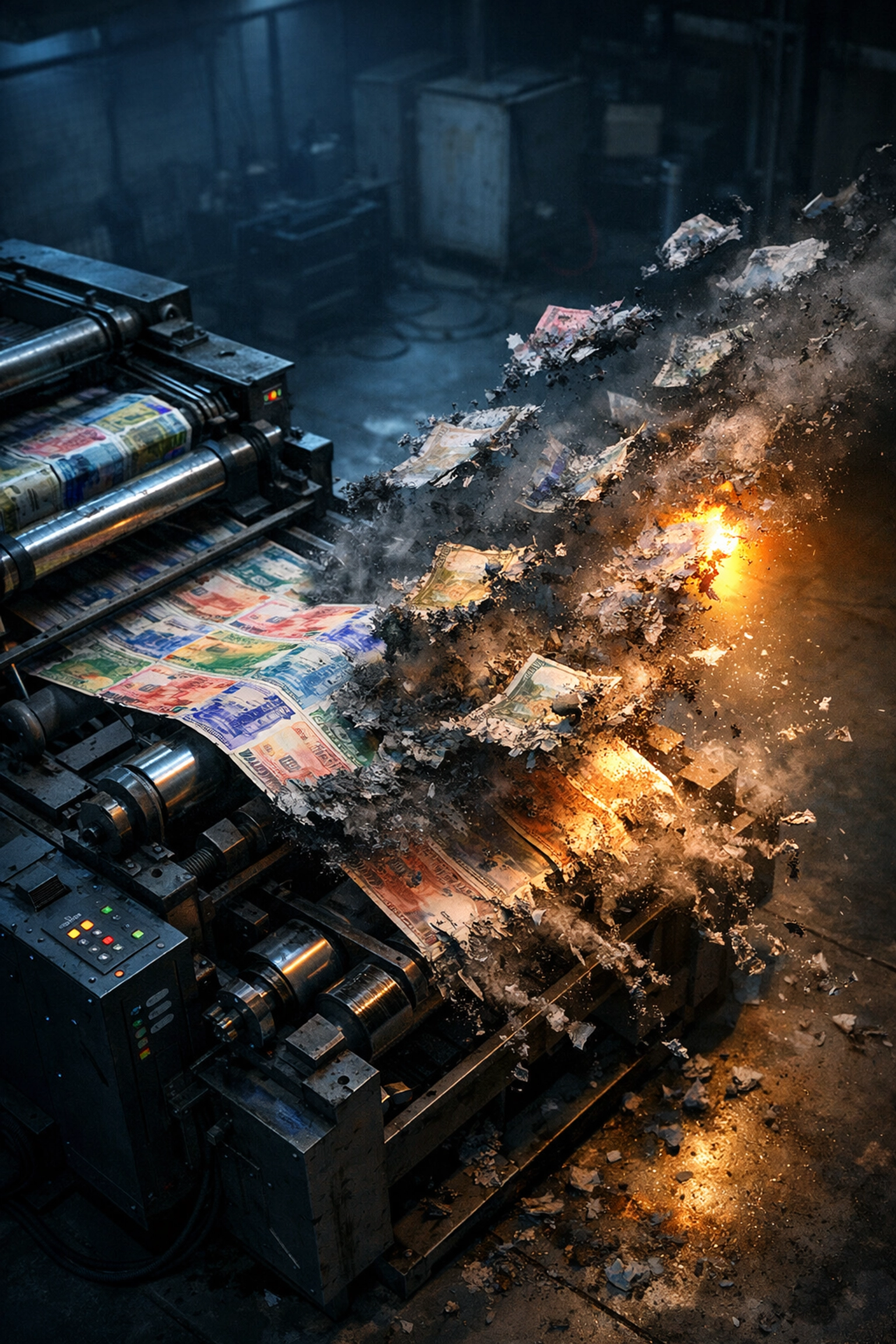 Industrial printing press churning out banknotes that dissolve into ash, symbolizing currency collapse.