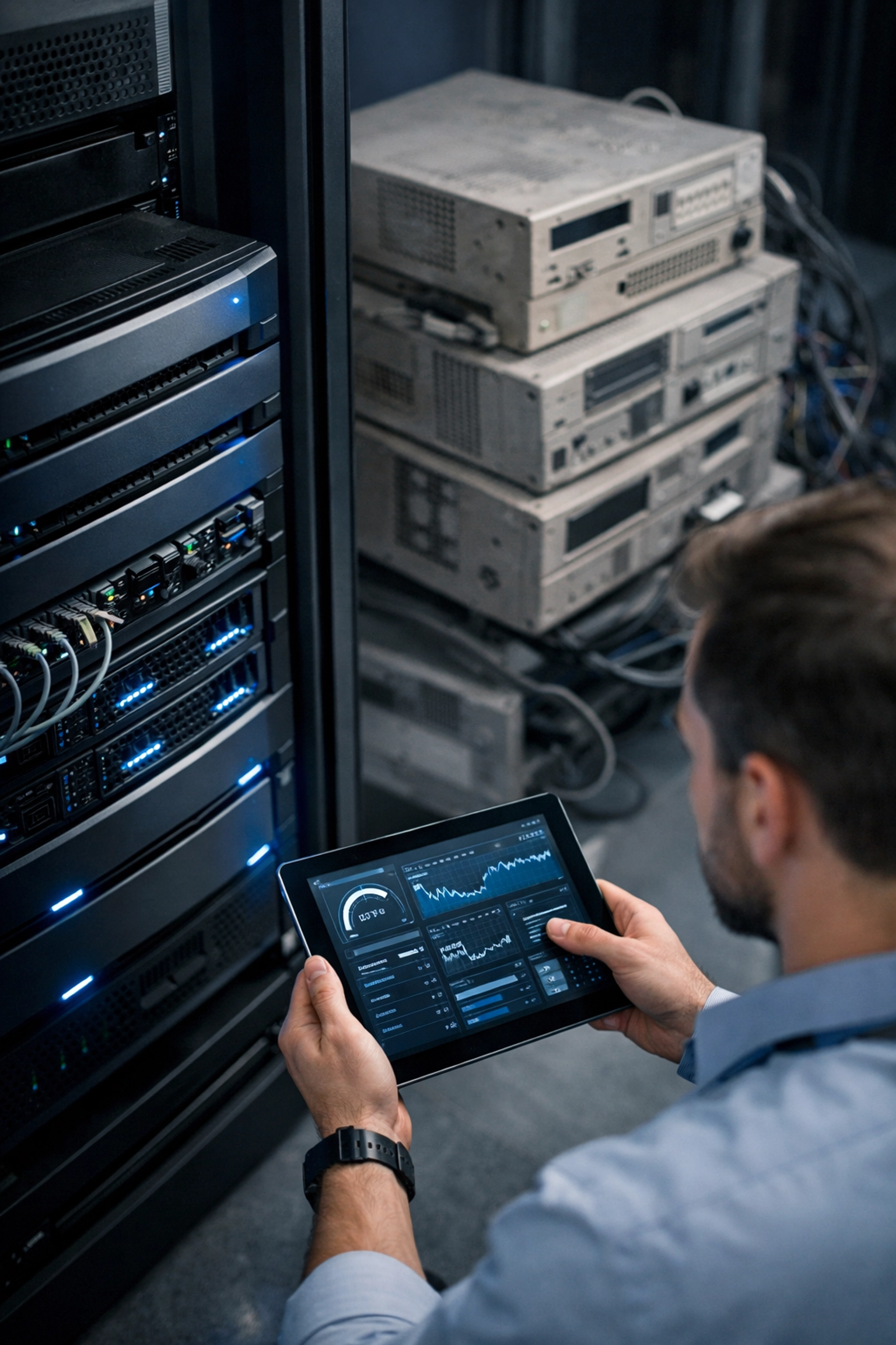 IT technician monitoring a modern server rack next to outdated legacy hardware in a data centre.