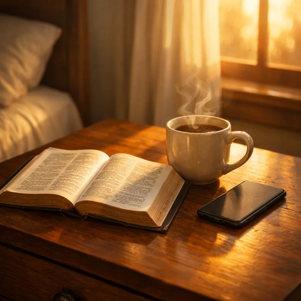 Bible and coffee on bedside table with phone face-down at 5 AM morning light