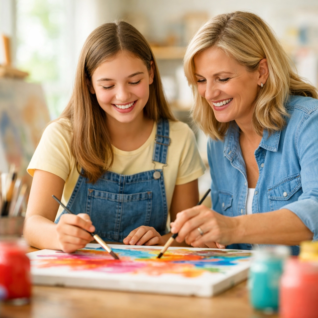 Teen girl and mentor painting together, showing empowerment in a teen residential treatment center