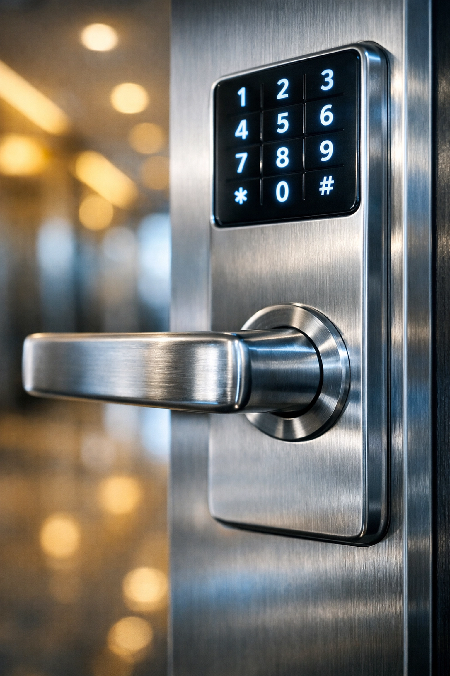 Sanitized commercial door handle and keypad, illustrating the health benefits of professional office cleaning.