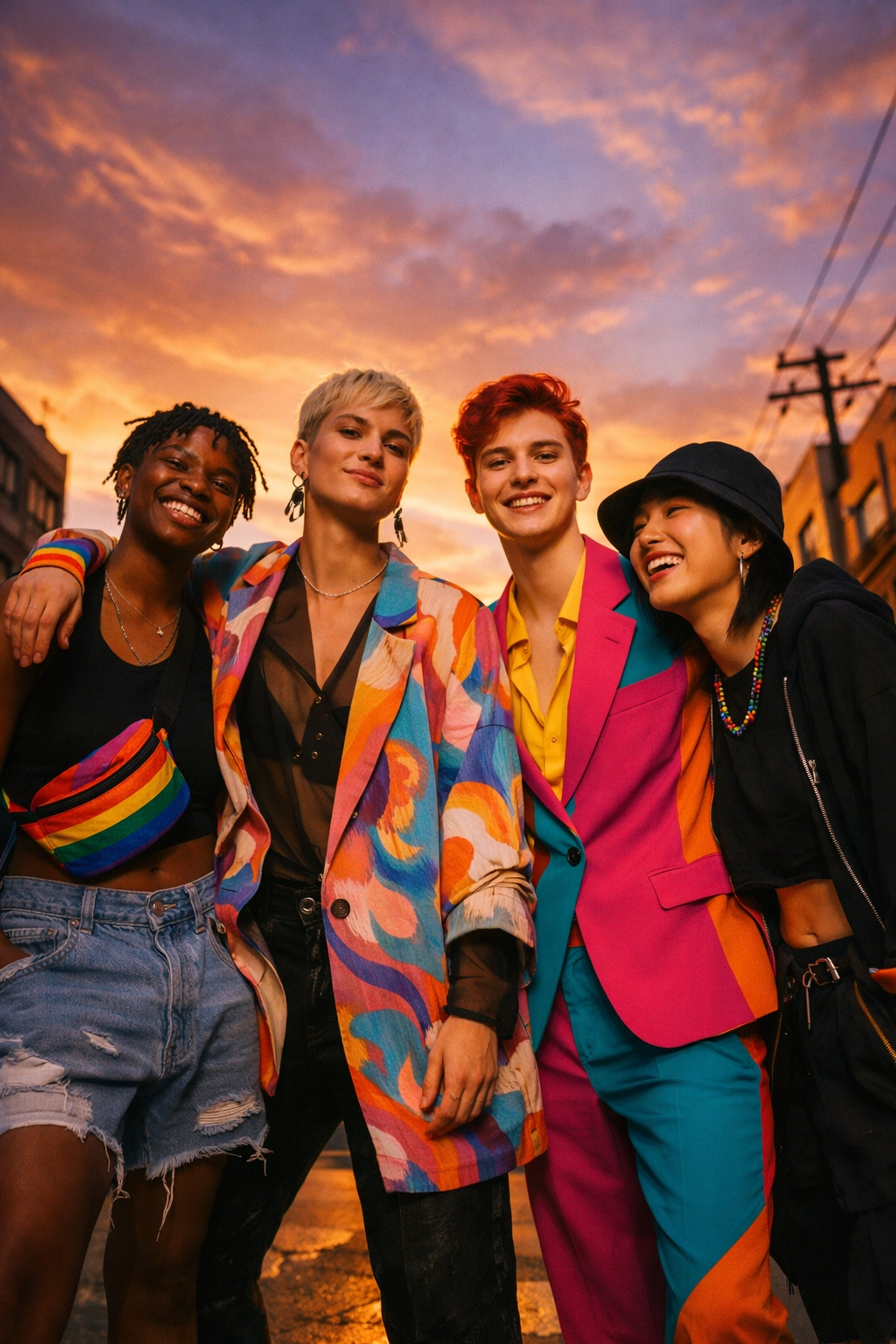 Diverse LGBTQ+ group in bold authentic fashion celebrating queer identity