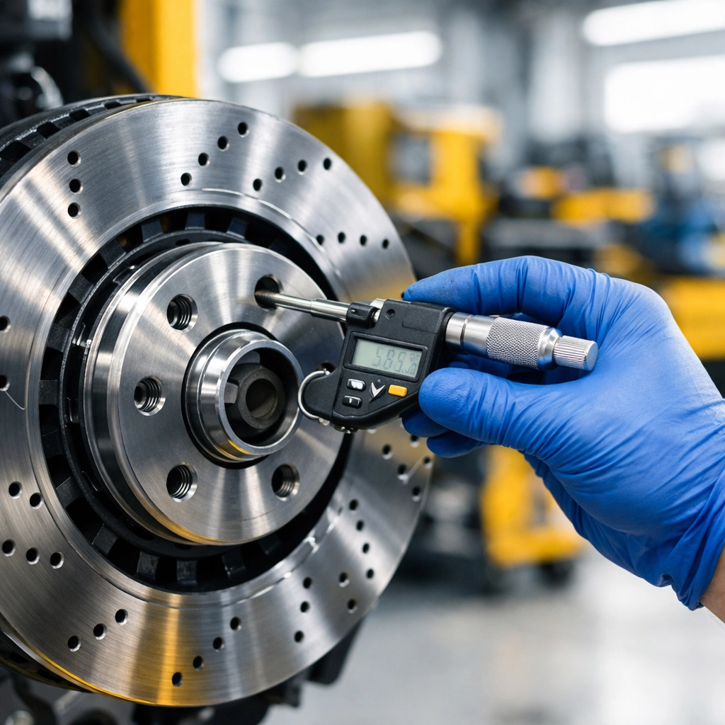 Professional technician measuring a brake rotor for precise brake repair in Ingersoll.