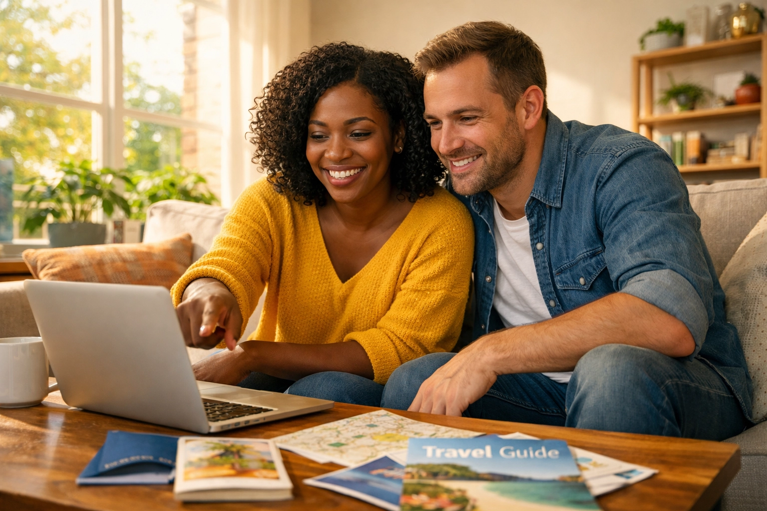 Couple planning dream vacation together with travel agent using laptop and brochures