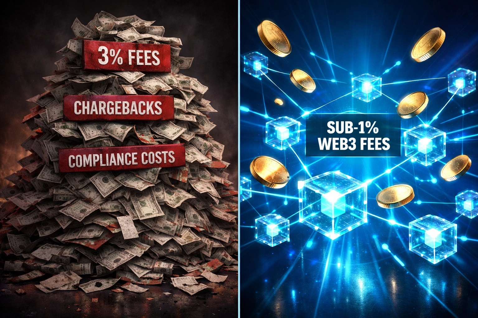 Traditional payment fees vs Web3 global payments cost comparison showing 3% versus sub-1% rates