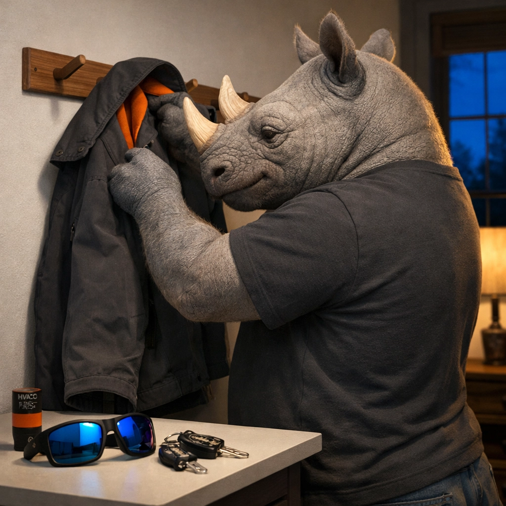 Ramblin' Rhyno mascot hanging his work jacket at home, illustrating how HVAC pros leave the job at the door.