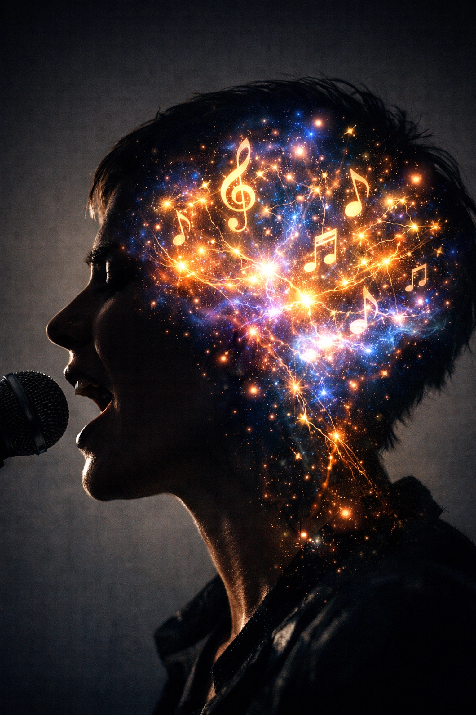 Vocalist silhouette with musical notes showing cognitive benefits of voice lessons in Tallahassee.